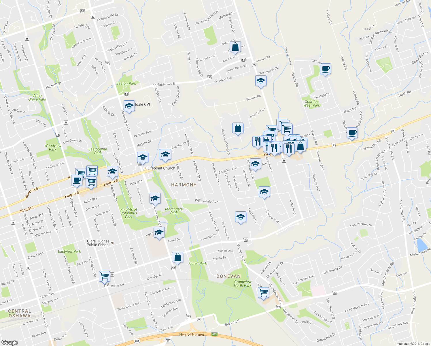 map of restaurants, bars, coffee shops, grocery stores, and more near 54 Grandview Street South in Oshawa