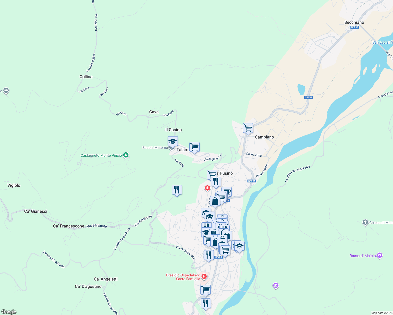 map of restaurants, bars, coffee shops, grocery stores, and more near 13 Borgo Pini in Talamello