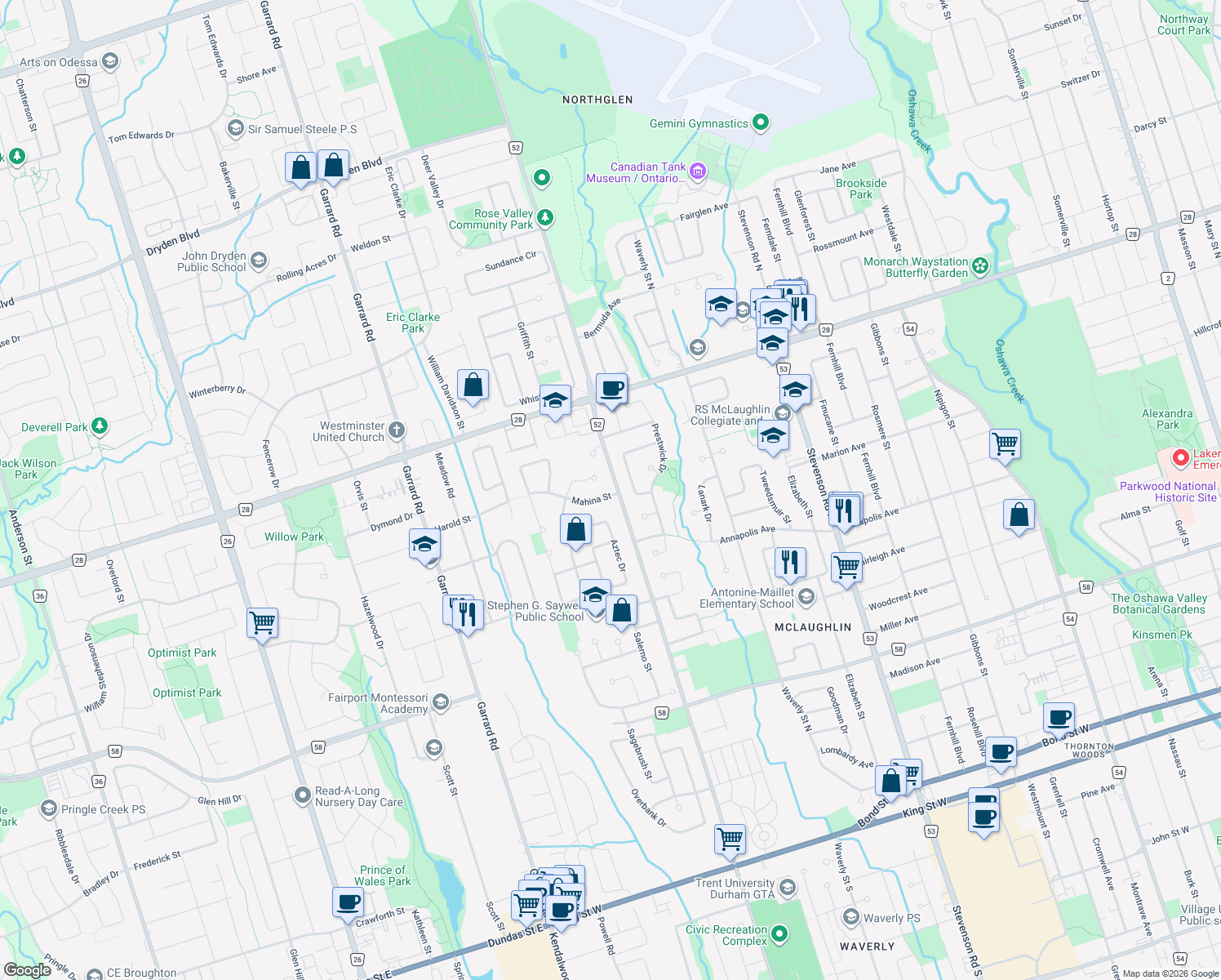map of restaurants, bars, coffee shops, grocery stores, and more near 804 Mahina Street in Oshawa