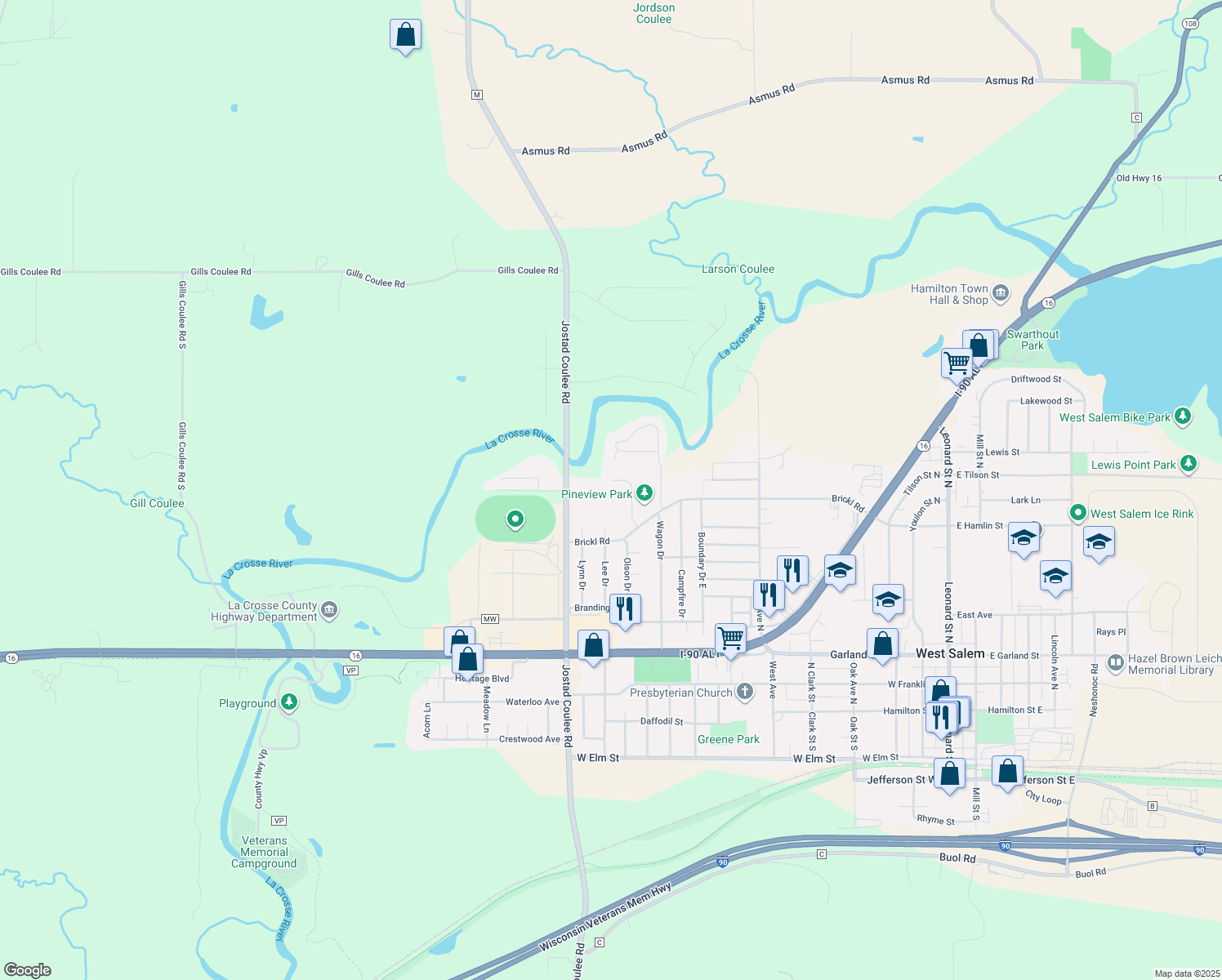map of restaurants, bars, coffee shops, grocery stores, and more near 758 Faye Drive in West Salem
