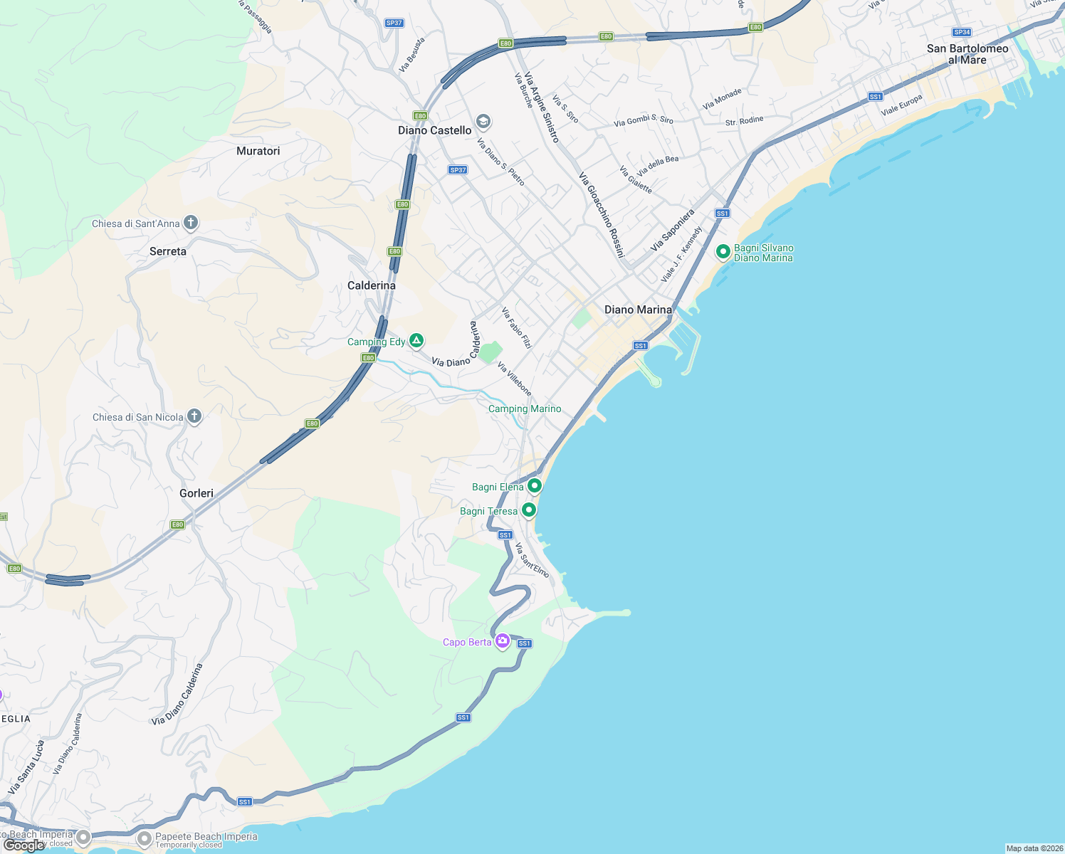 map of restaurants, bars, coffee shops, grocery stores, and more near 11 Via F. Cascione in Diano Marina