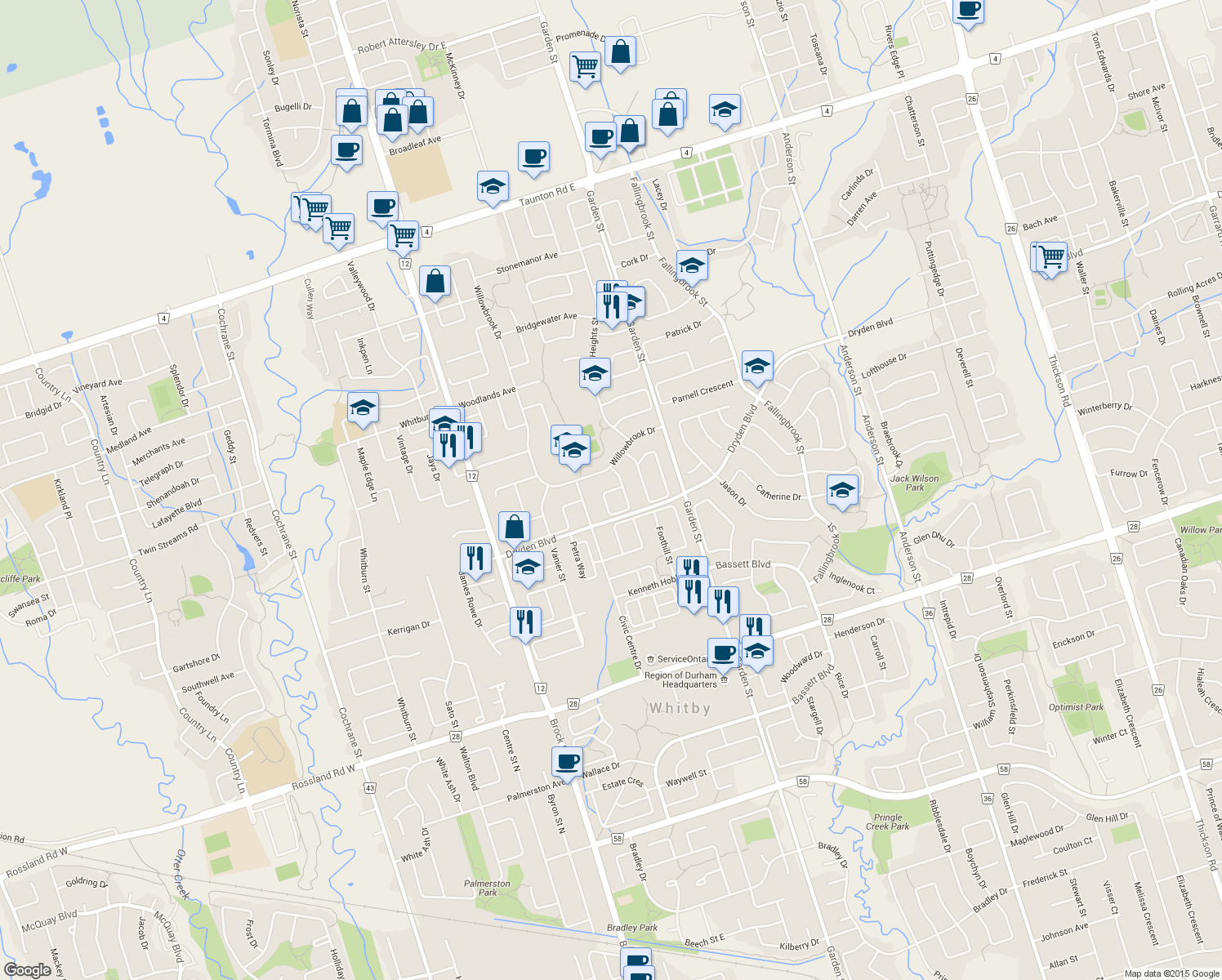 map of restaurants, bars, coffee shops, grocery stores, and more near 67 Woodstone Place in Whitby