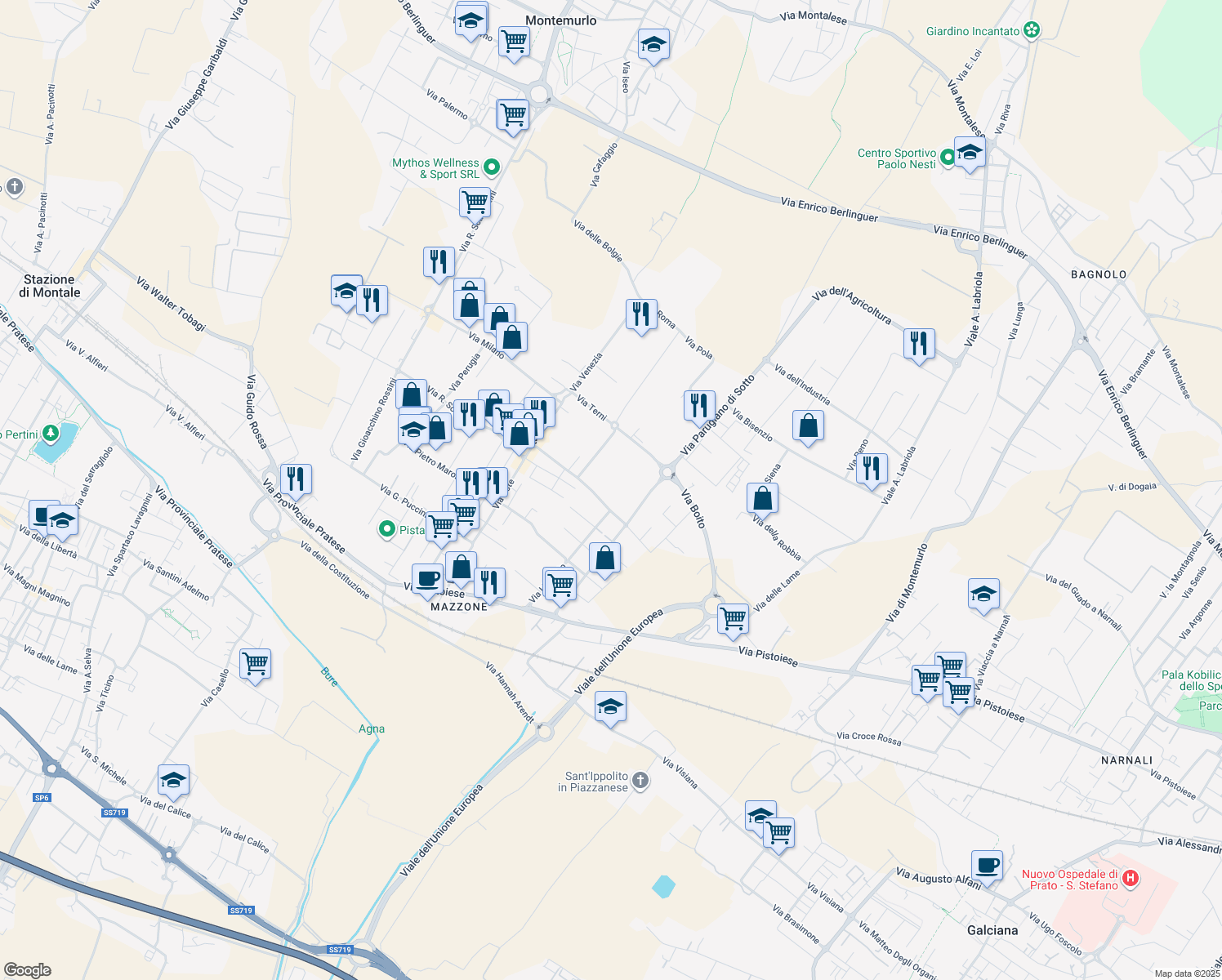 map of restaurants, bars, coffee shops, grocery stores, and more near 51 Via di Palarciano in Montemurlo
