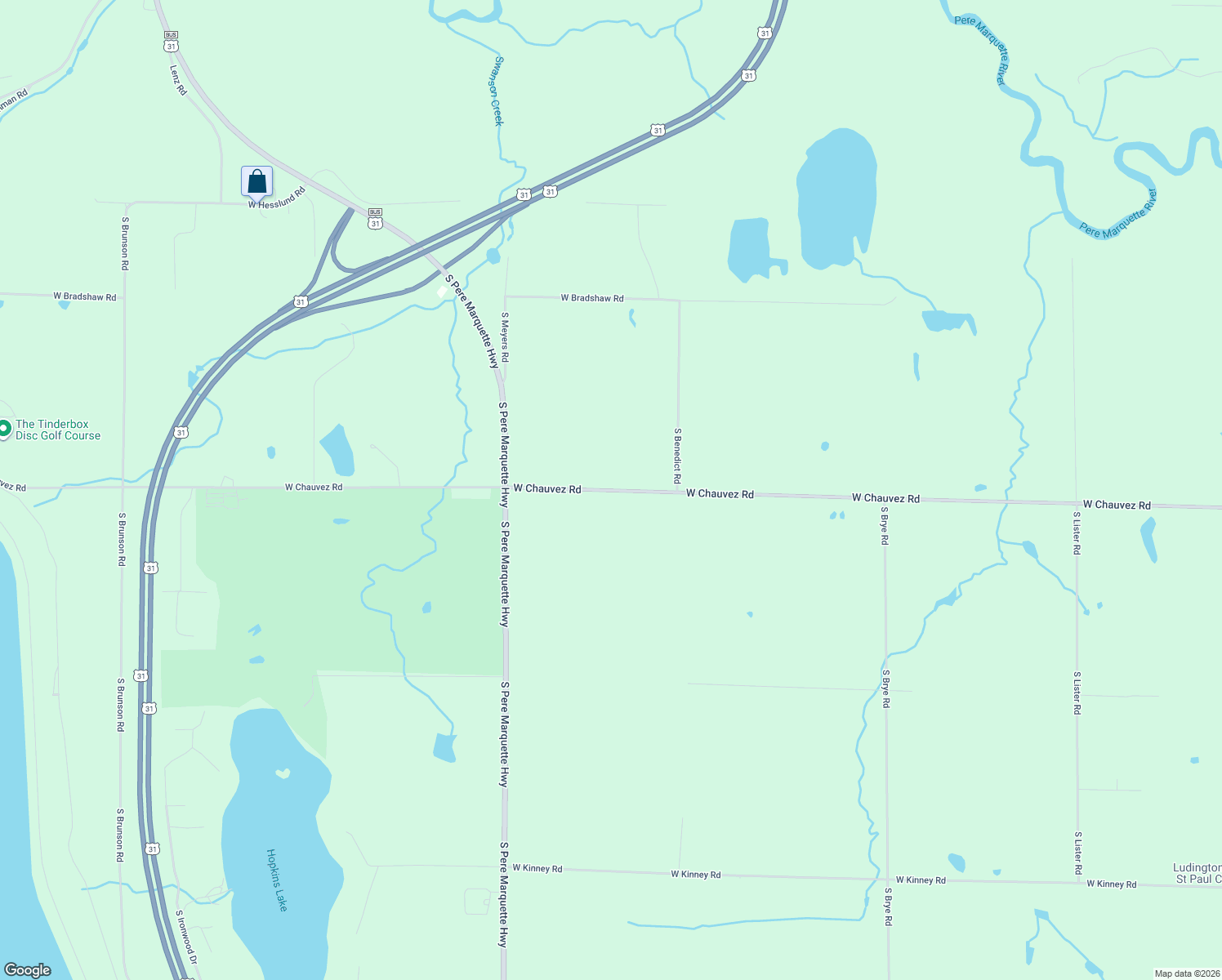map of restaurants, bars, coffee shops, grocery stores, and more near 4614 West Chauvez Road in Ludington
