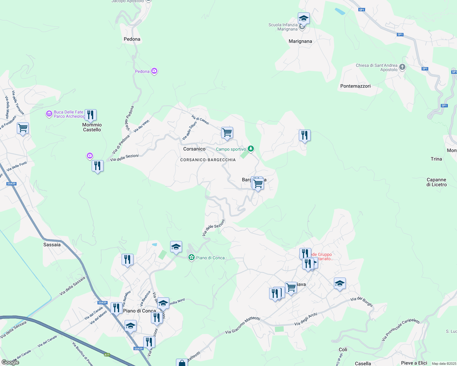 map of restaurants, bars, coffee shops, grocery stores, and more near 4484 Via delle Sezioni in Corsanico