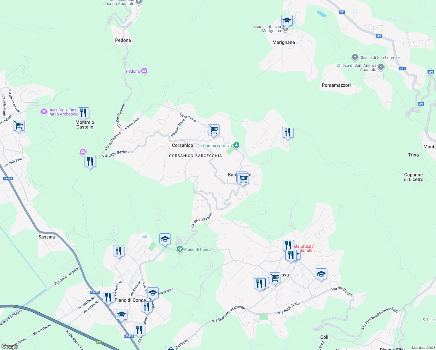 map of restaurants, bars, coffee shops, grocery stores, and more near 4484 Via delle Sezioni in Corsanico