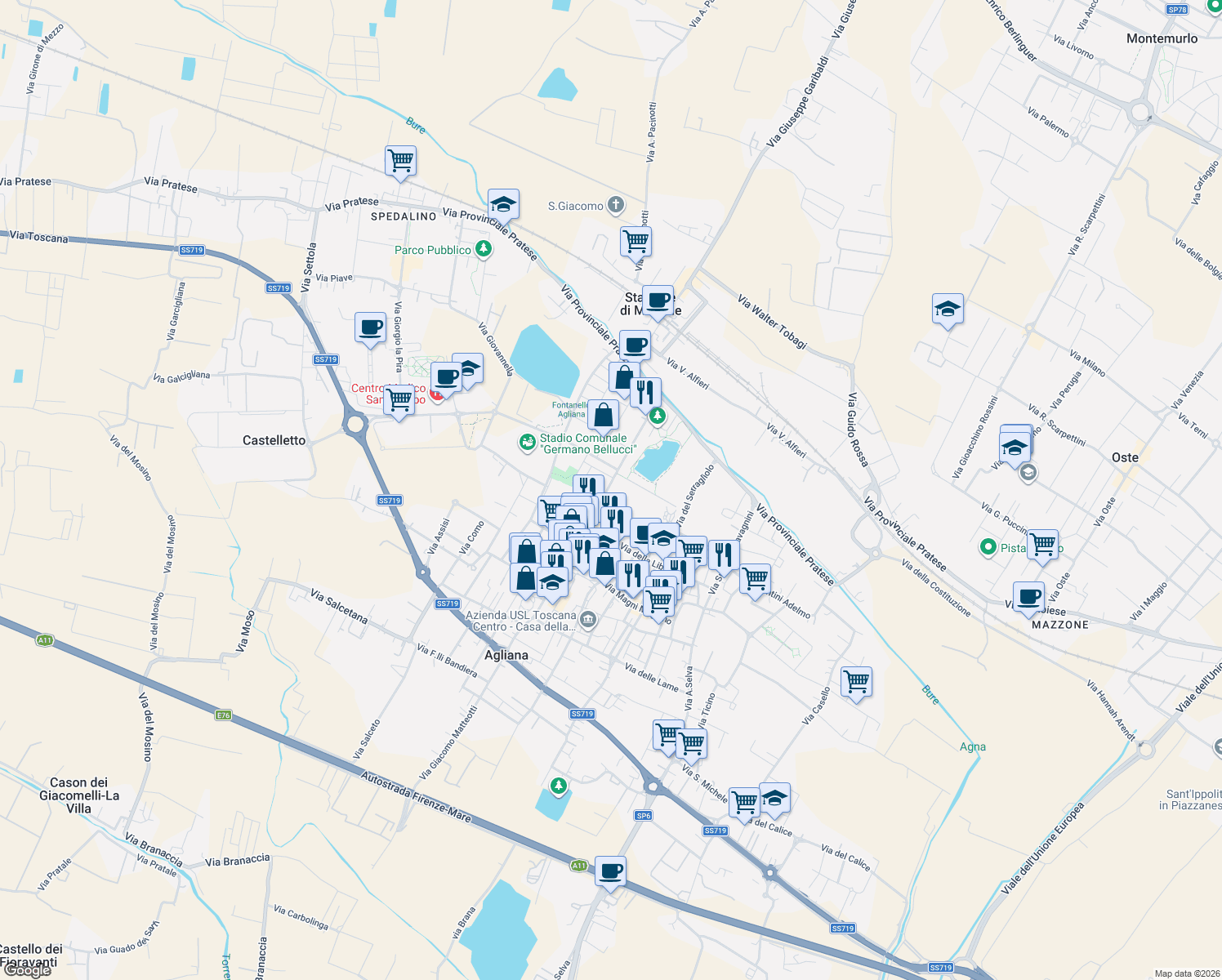 map of restaurants, bars, coffee shops, grocery stores, and more near 104 Via Roma in Agliana