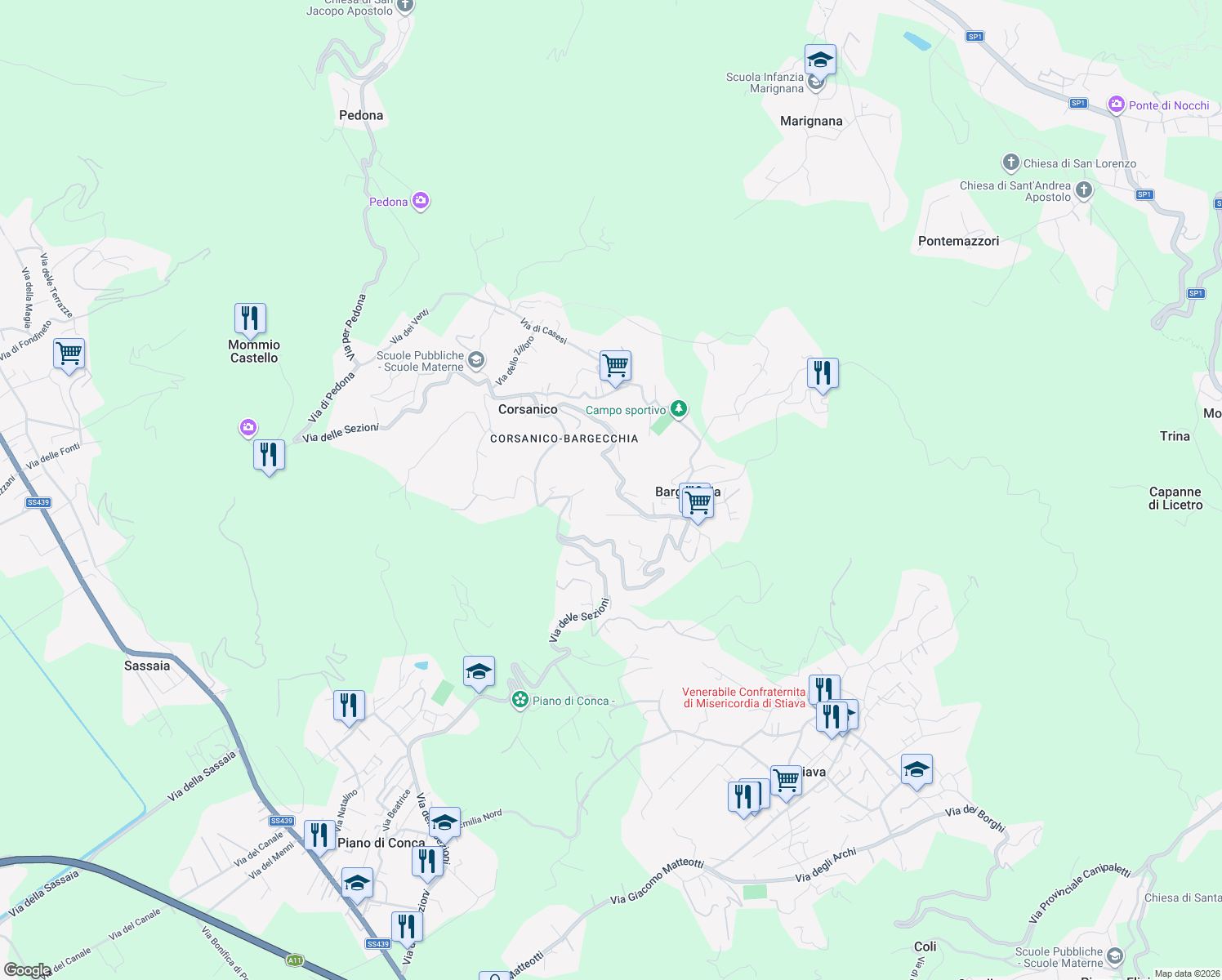 map of restaurants, bars, coffee shops, grocery stores, and more near 4503D Via delle Sezioni in Corsanico