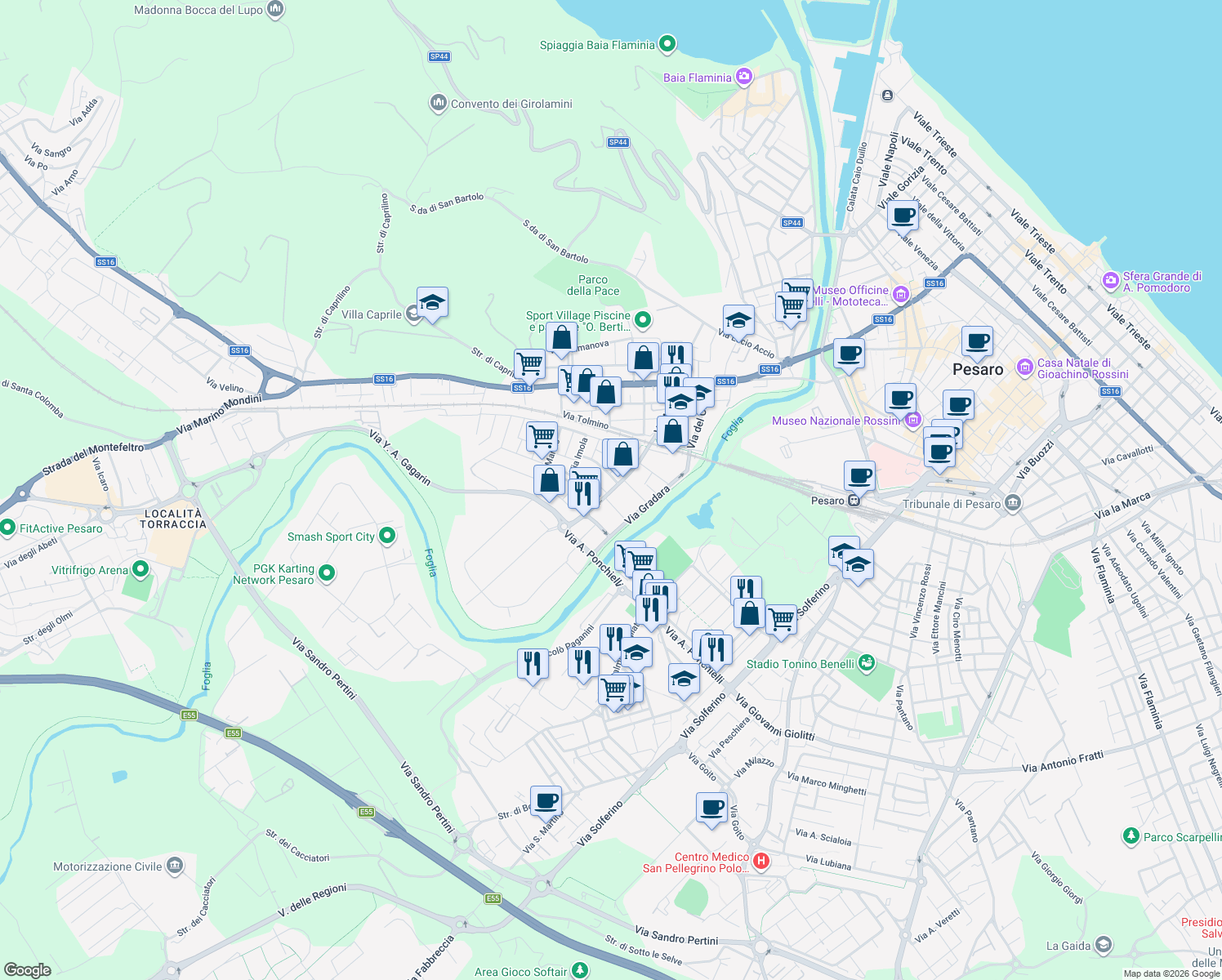 map of restaurants, bars, coffee shops, grocery stores, and more near 75 Via Milano in Pesaro