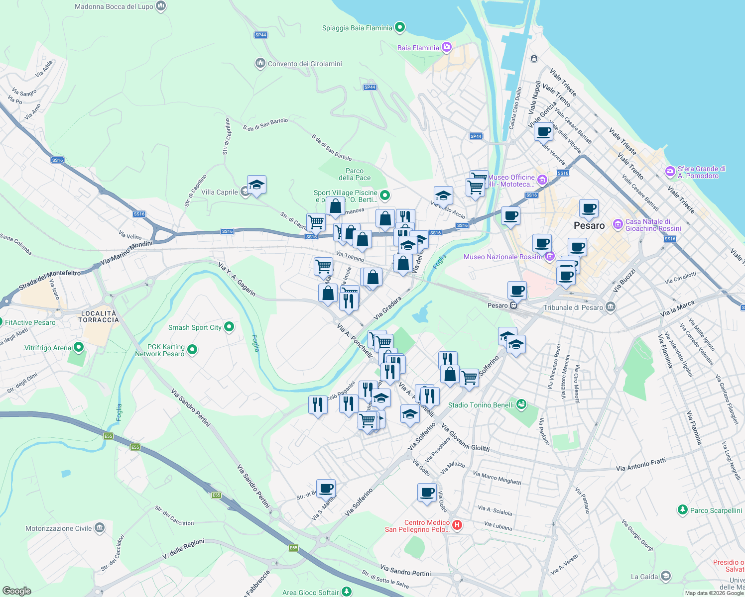 map of restaurants, bars, coffee shops, grocery stores, and more near 75 Via Milano in Pesaro