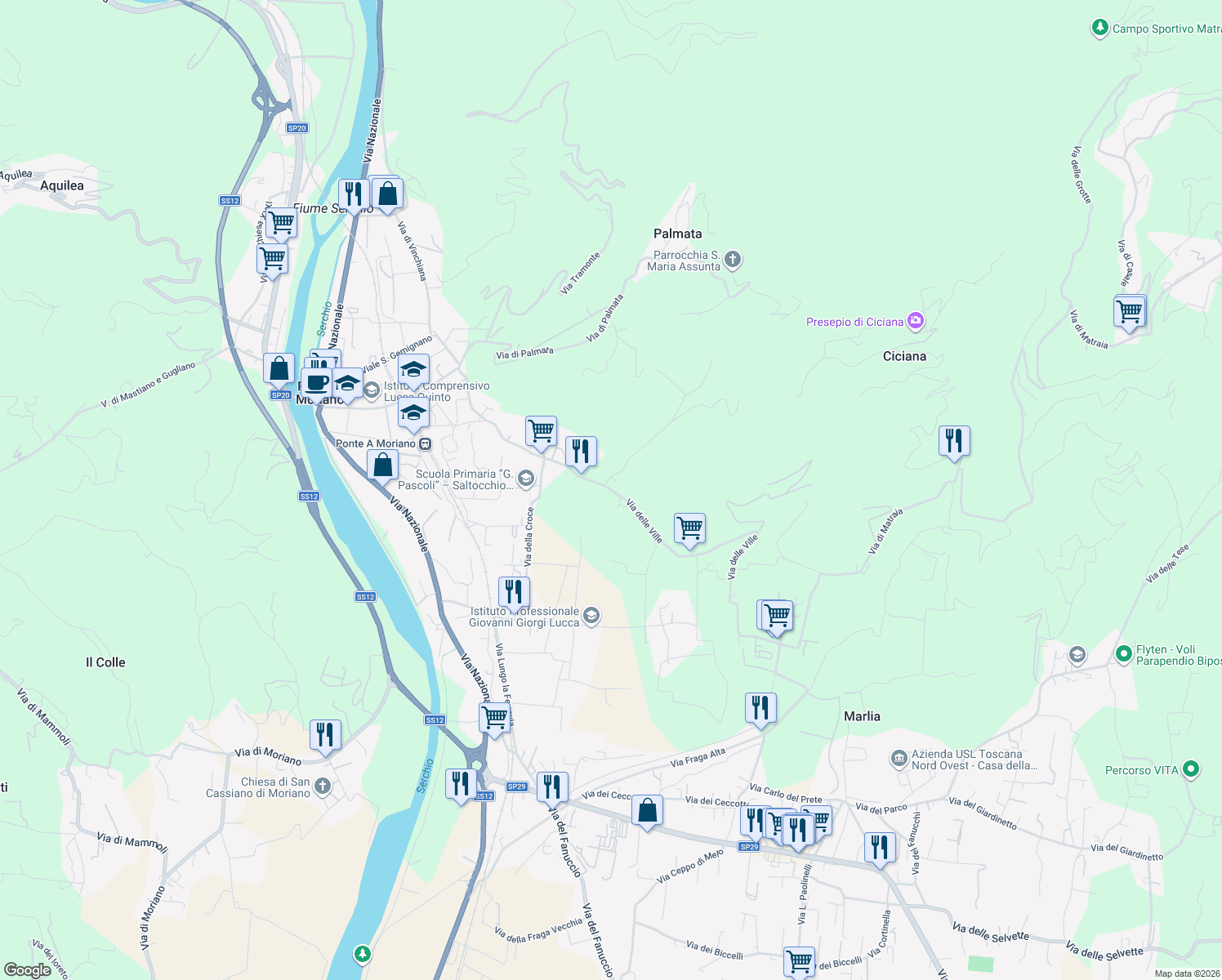 map of restaurants, bars, coffee shops, grocery stores, and more near 34 Via di Casa Cimi in Lucca