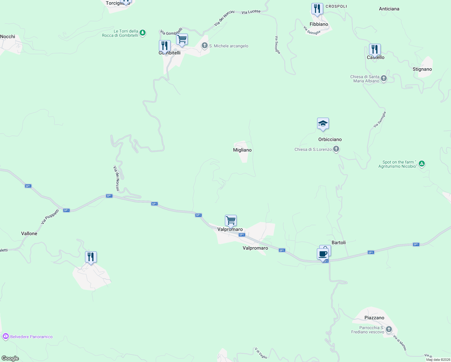 map of restaurants, bars, coffee shops, grocery stores, and more near 41A Via Migliano in Provincia di Lucca
