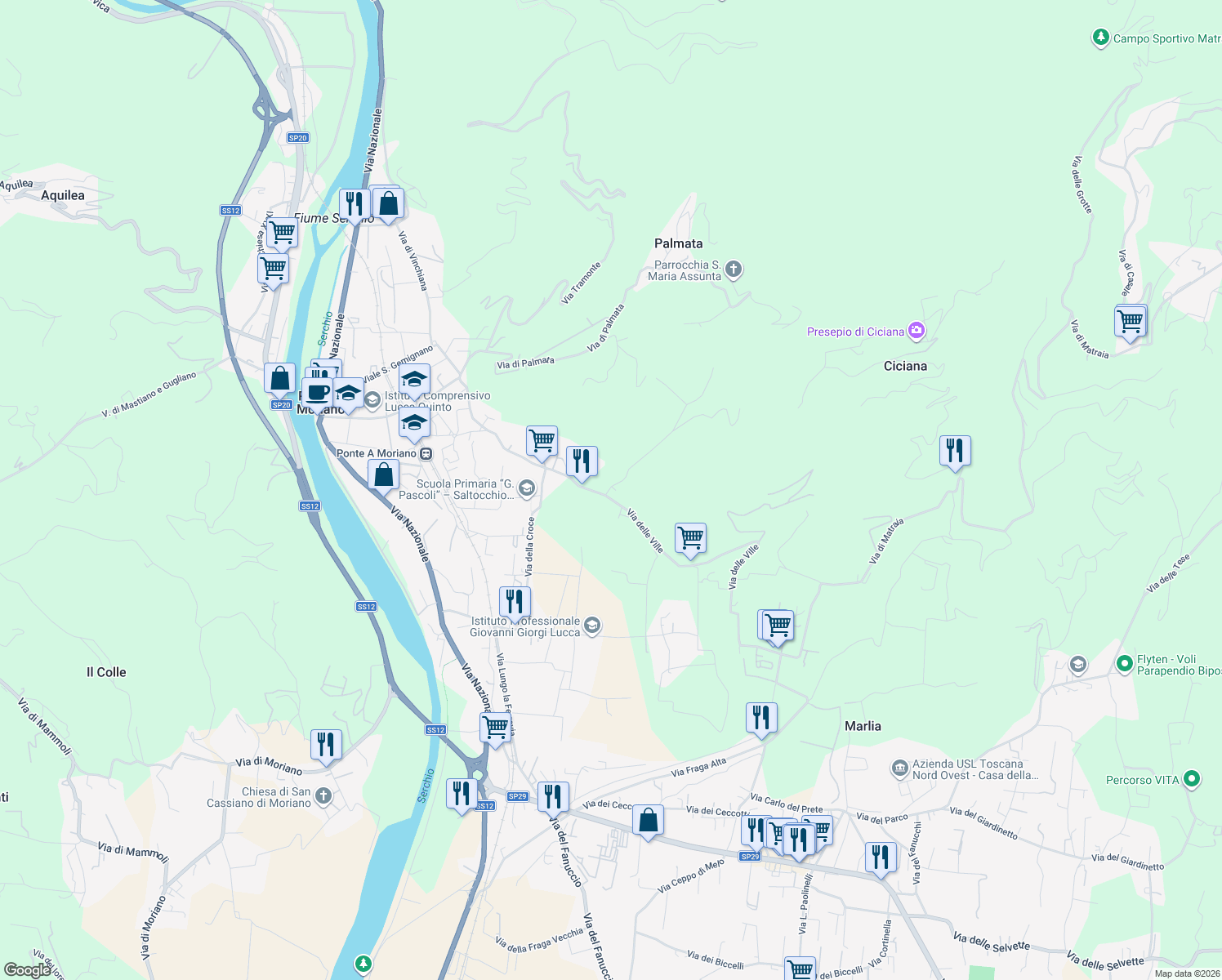 map of restaurants, bars, coffee shops, grocery stores, and more near 34 Via di Casa Cimi in Lucca