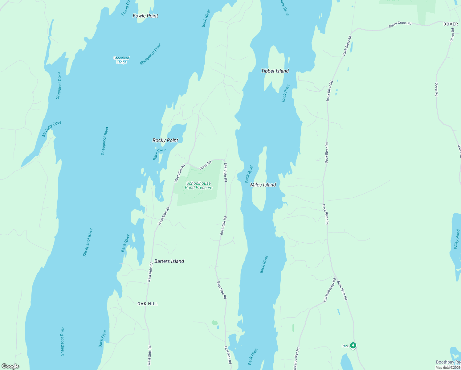 map of restaurants, bars, coffee shops, grocery stores, and more near Great Oak Lane in Boothbay