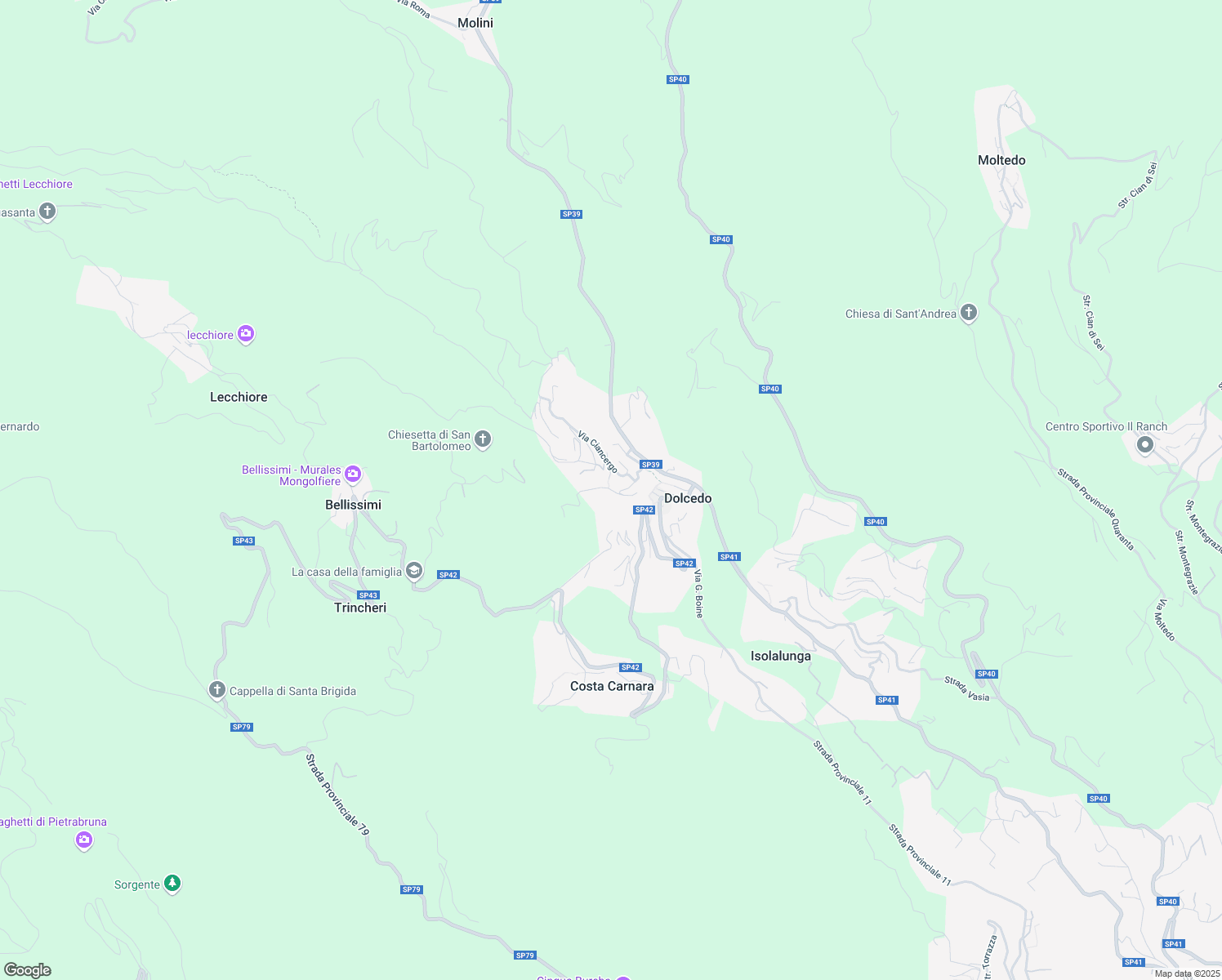 map of restaurants, bars, coffee shops, grocery stores, and more near 18 Via Edmondo de Amicis in Dolcedo
