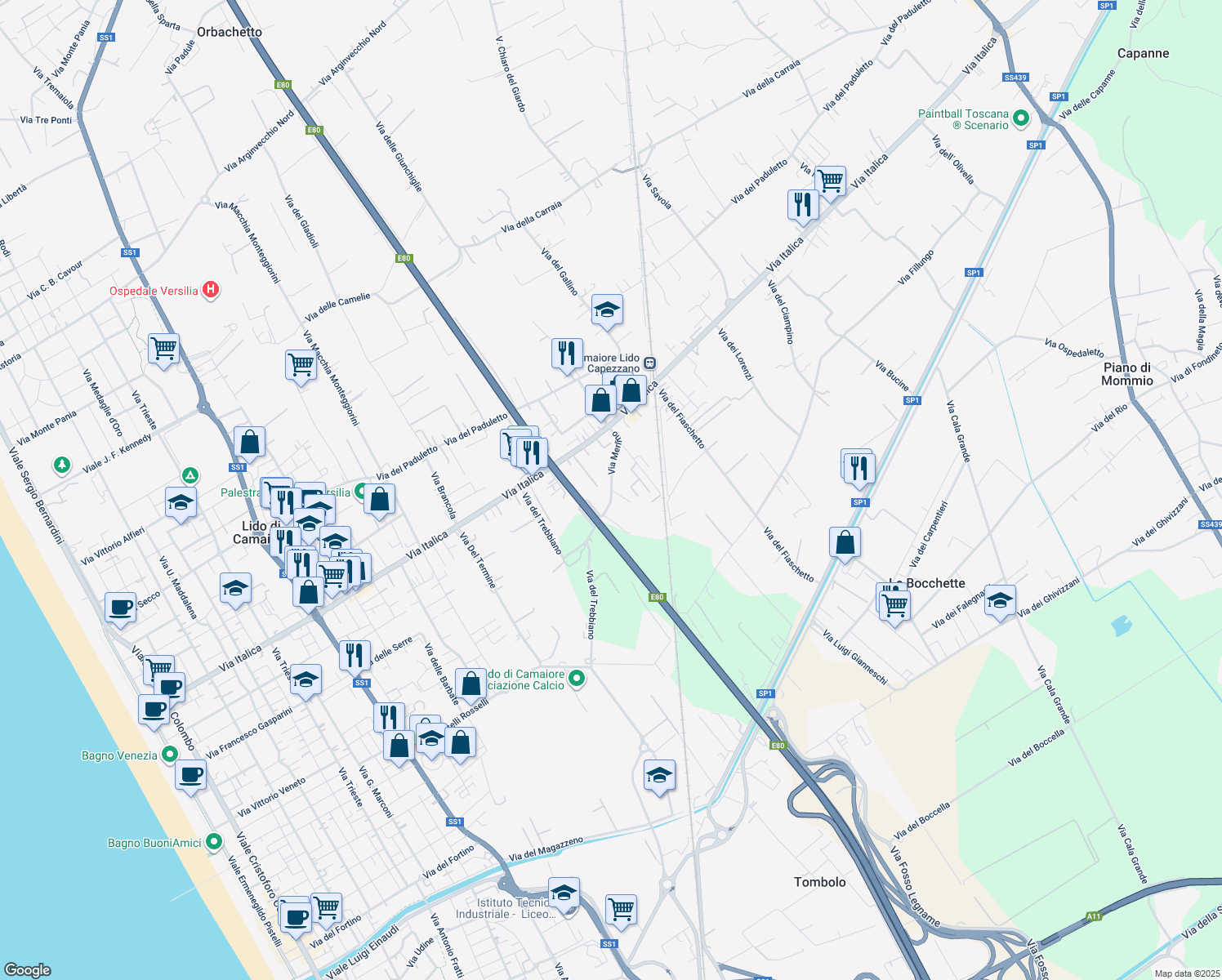 map of restaurants, bars, coffee shops, grocery stores, and more near 16 Via Prato in Camaiore