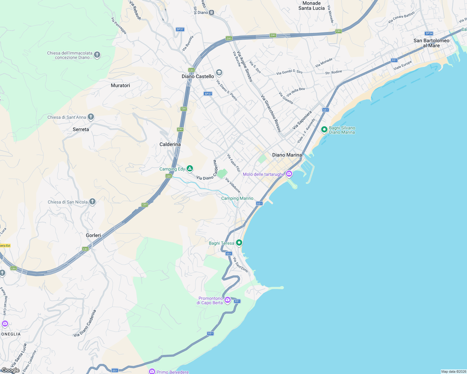 map of restaurants, bars, coffee shops, grocery stores, and more near 37 Via Capocaccia in Diano Marina