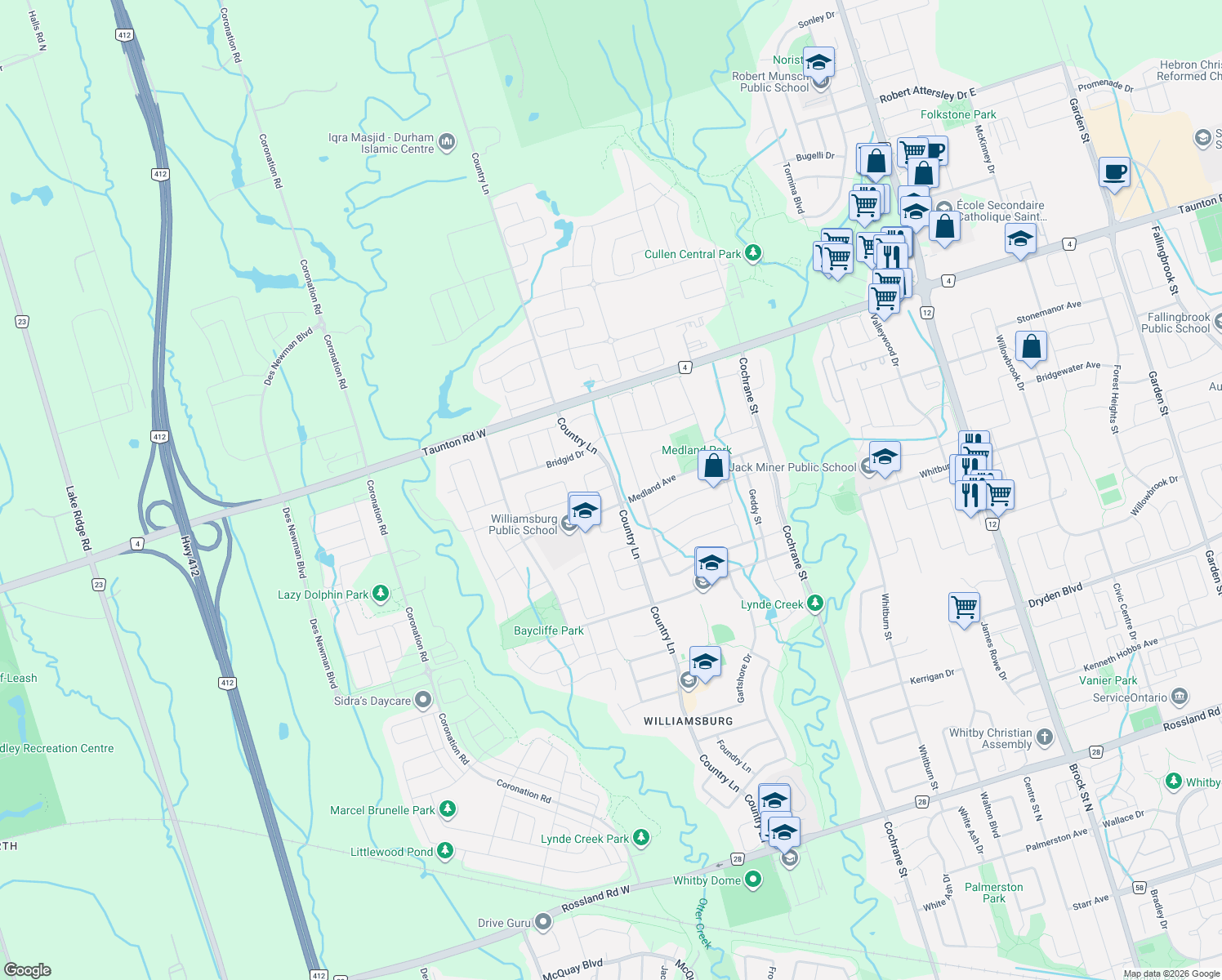 map of restaurants, bars, coffee shops, grocery stores, and more near 1 Rampart Crescent in Whitby