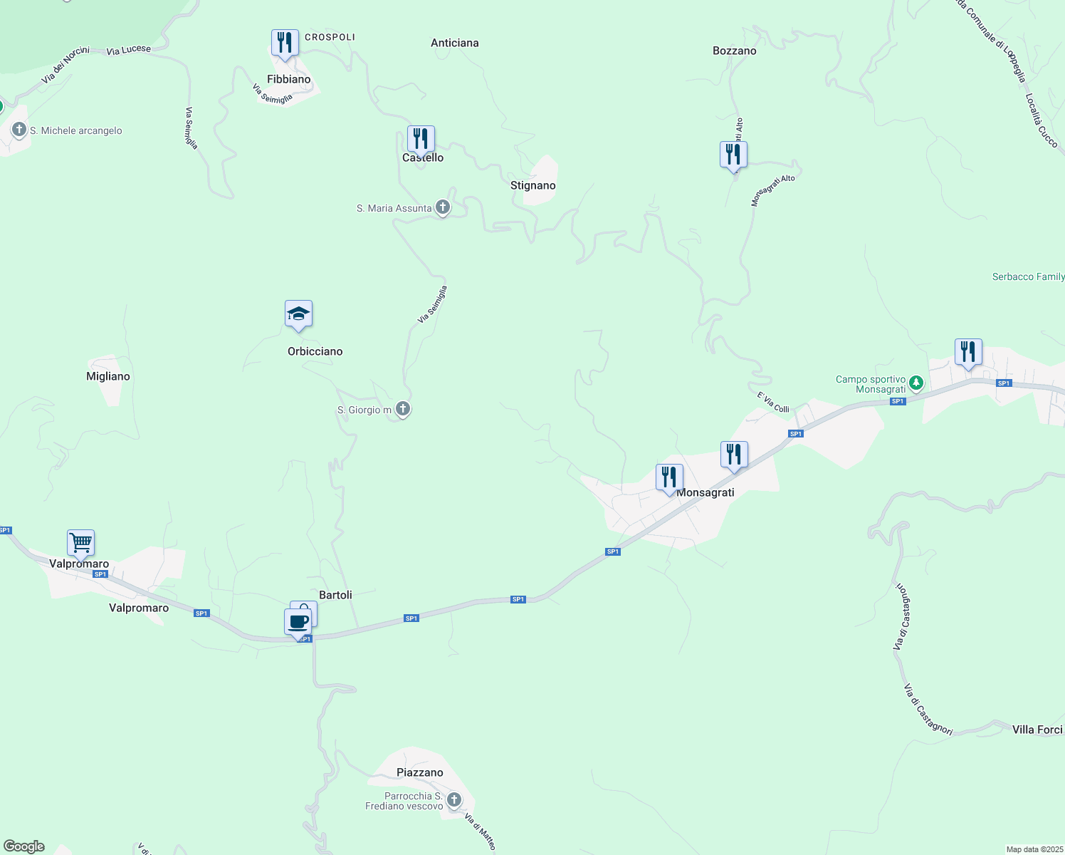 map of restaurants, bars, coffee shops, grocery stores, and more near 518 Via Pradalino in Orbicciano