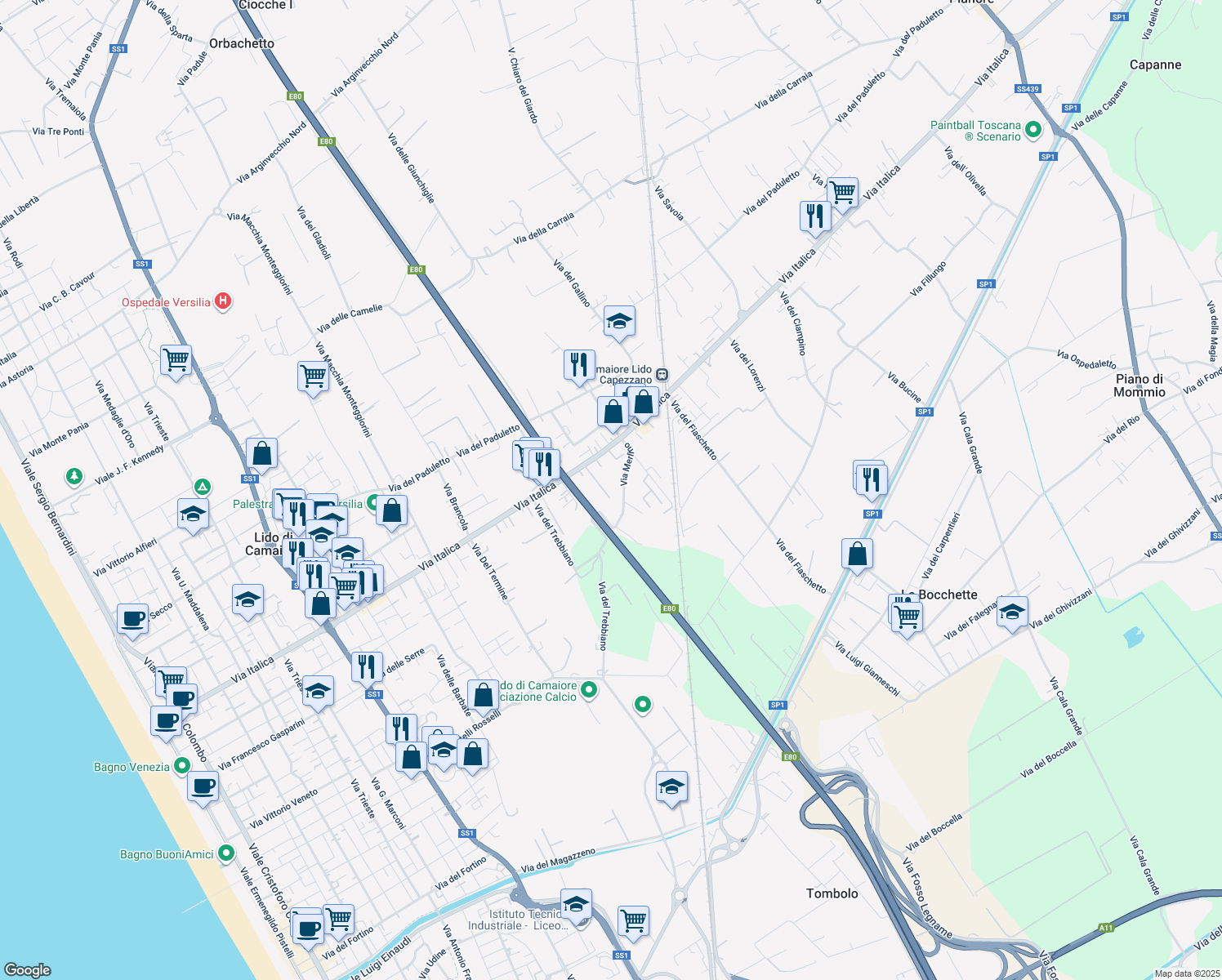 map of restaurants, bars, coffee shops, grocery stores, and more near 16 Via Prato in Camaiore