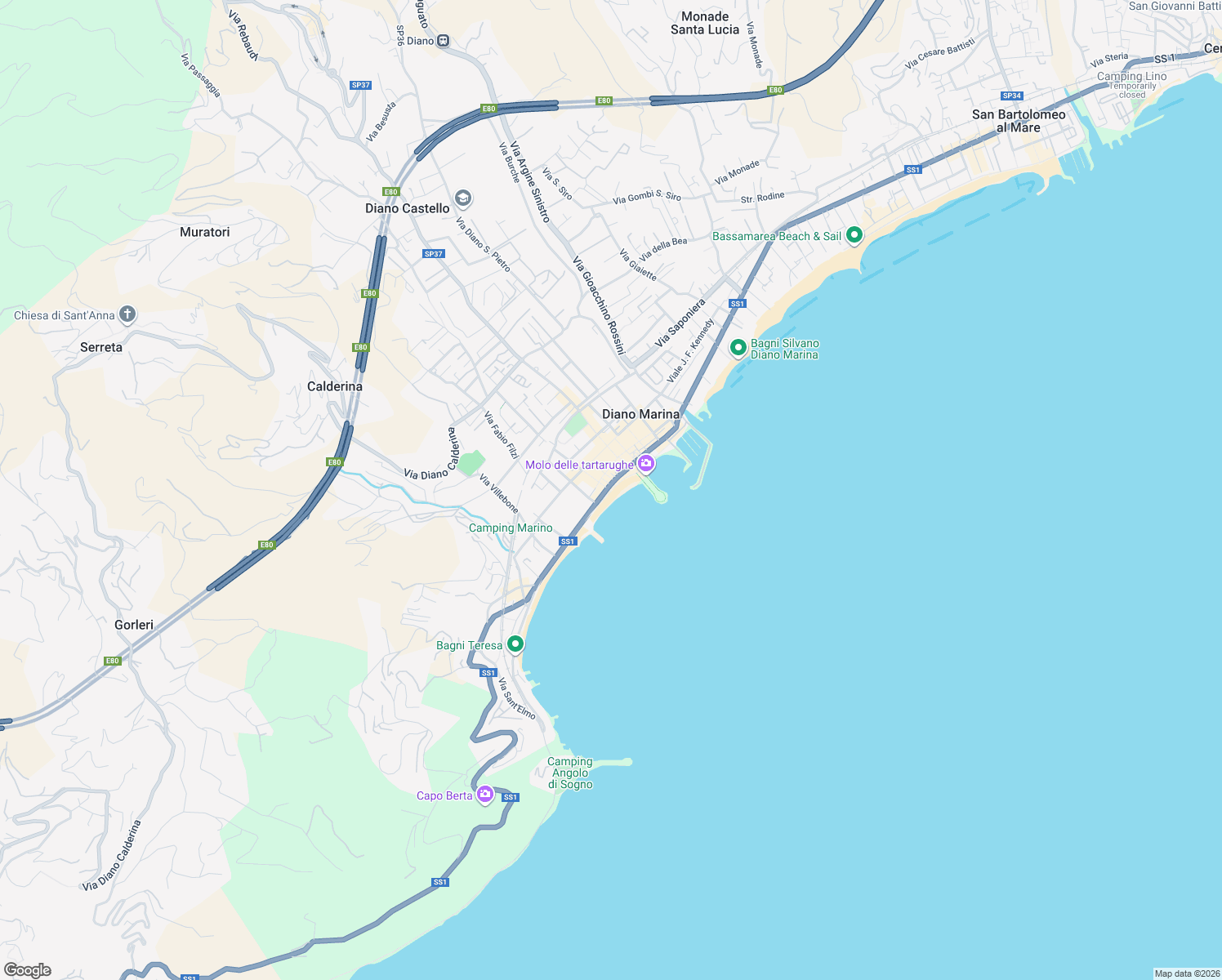 map of restaurants, bars, coffee shops, grocery stores, and more near Lungomare E. Carcheri in Diano Marina