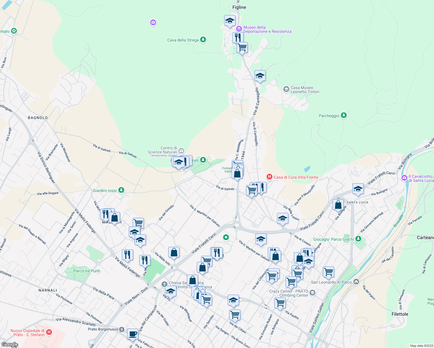 map of restaurants, bars, coffee shops, grocery stores, and more near 49 Via Sante Pisani in Prato