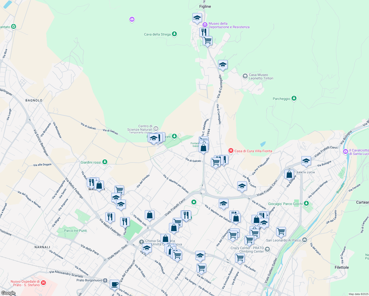 map of restaurants, bars, coffee shops, grocery stores, and more near 49 Via Sante Pisani in Prato
