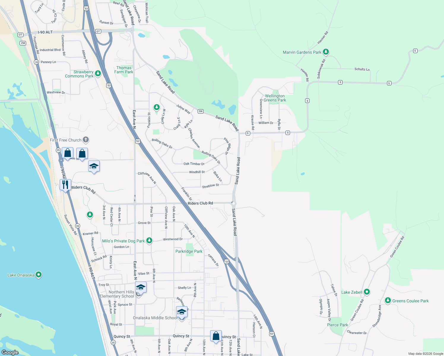 map of restaurants, bars, coffee shops, grocery stores, and more near 1521 Birka Lane in Onalaska