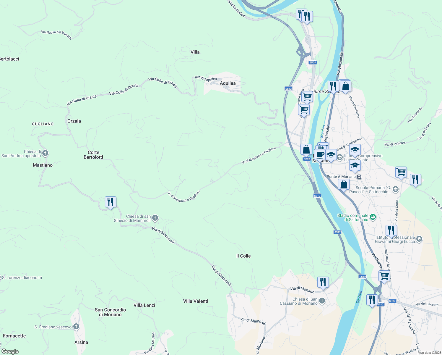 map of restaurants, bars, coffee shops, grocery stores, and more near 24 Via di Mastiano e Gugliano in Lucca
