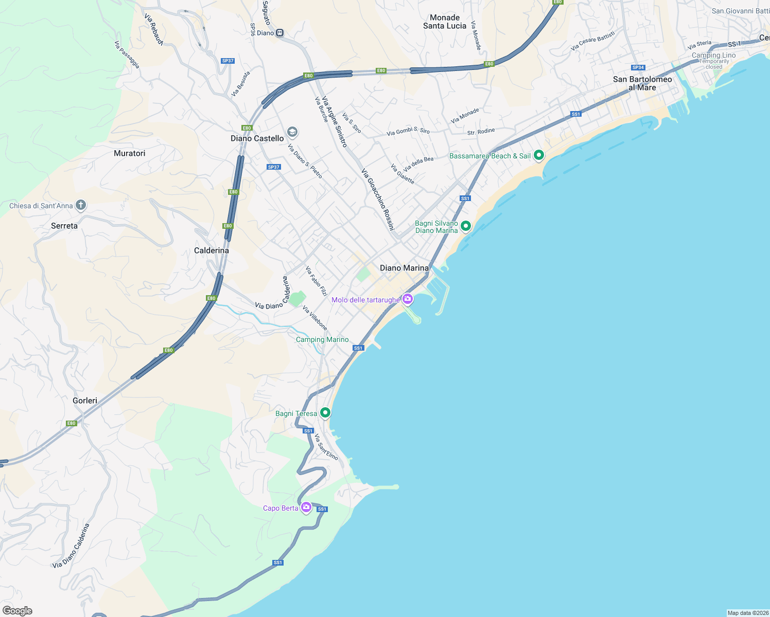 map of restaurants, bars, coffee shops, grocery stores, and more near Lungomare E. Carcheri in Diano Marina