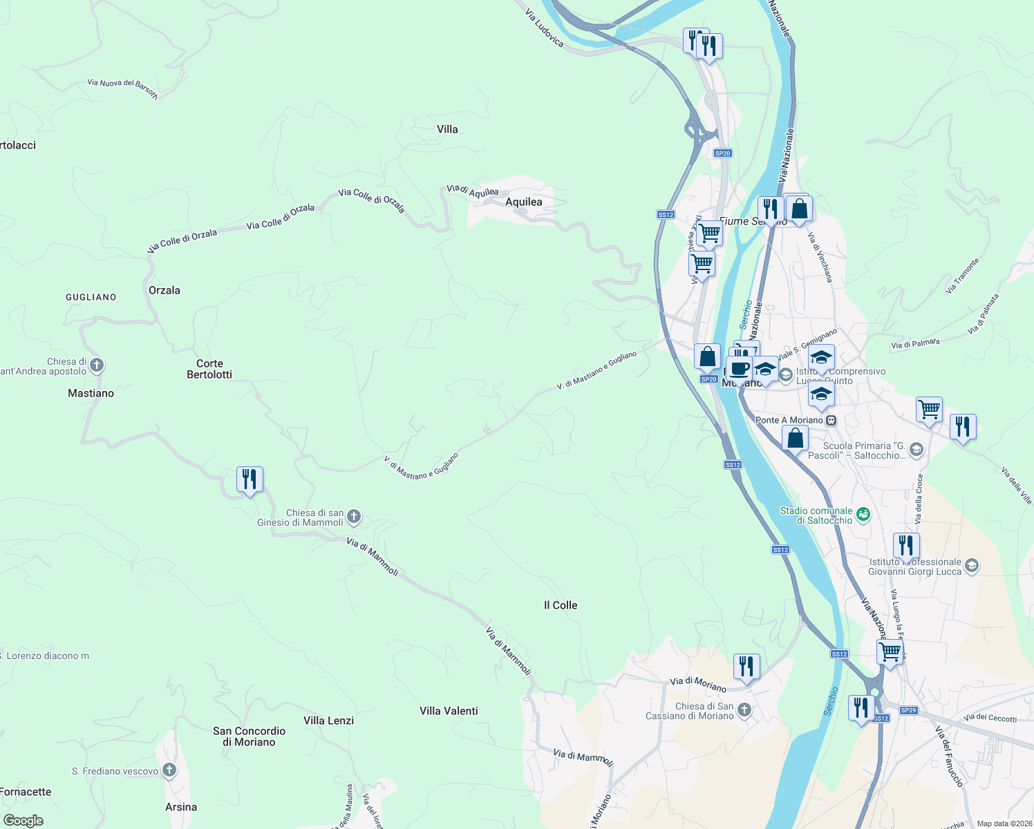 map of restaurants, bars, coffee shops, grocery stores, and more near 24 Via di Mastiano e Gugliano in Lucca