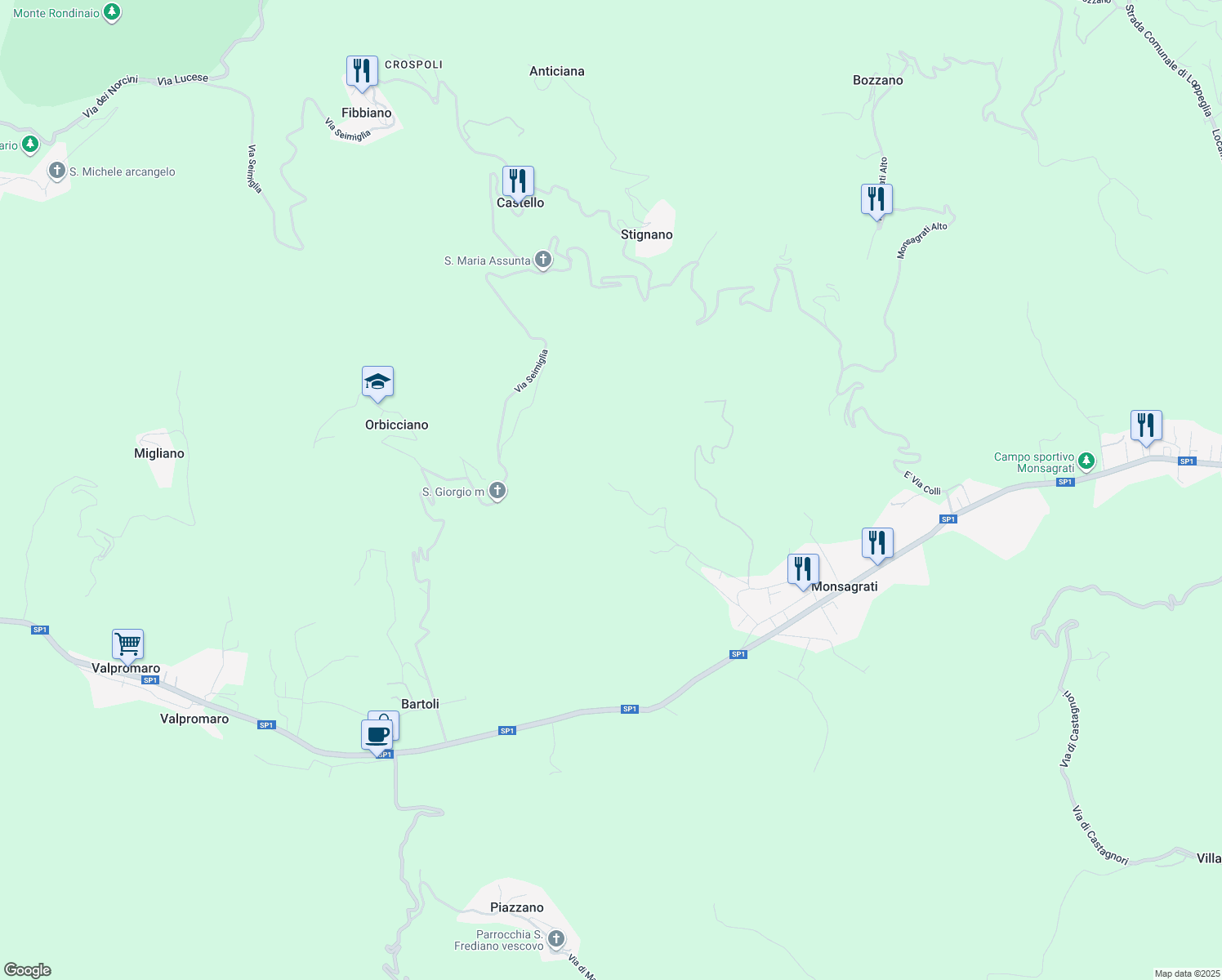 map of restaurants, bars, coffee shops, grocery stores, and more near 518 Via Pradalino in Orbicciano