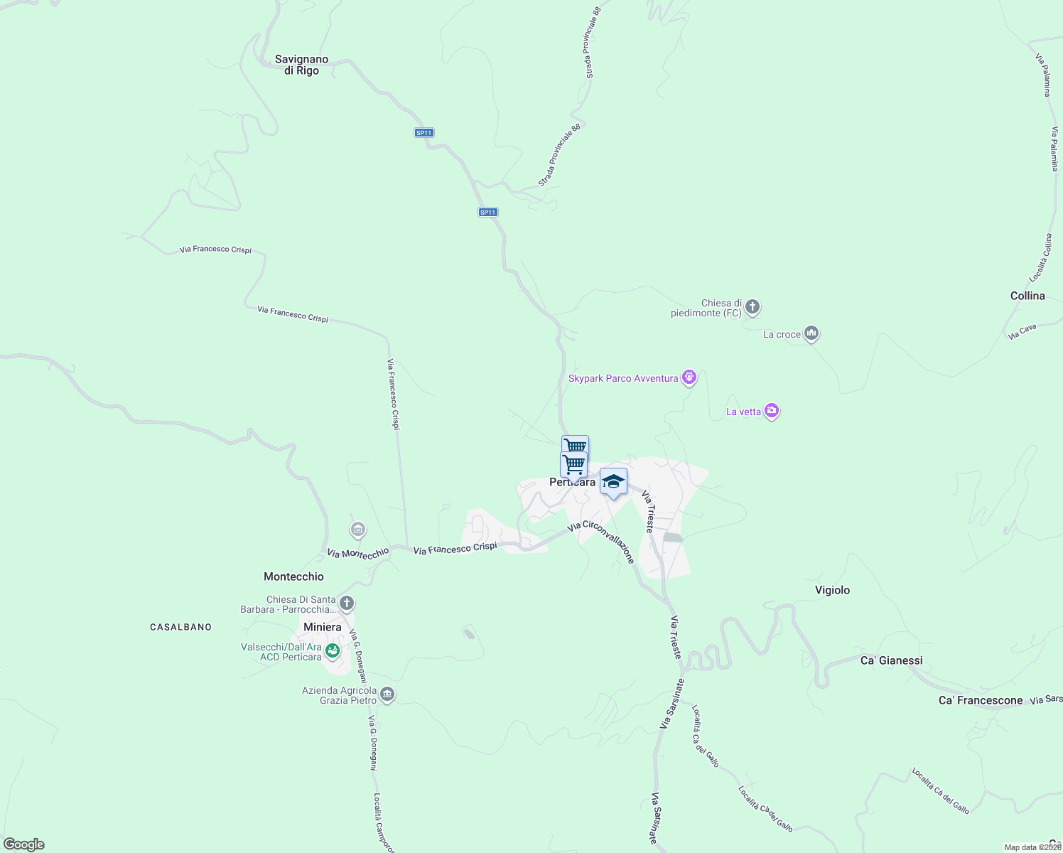 map of restaurants, bars, coffee shops, grocery stores, and more near 11 Via Casalecchio in Perticara