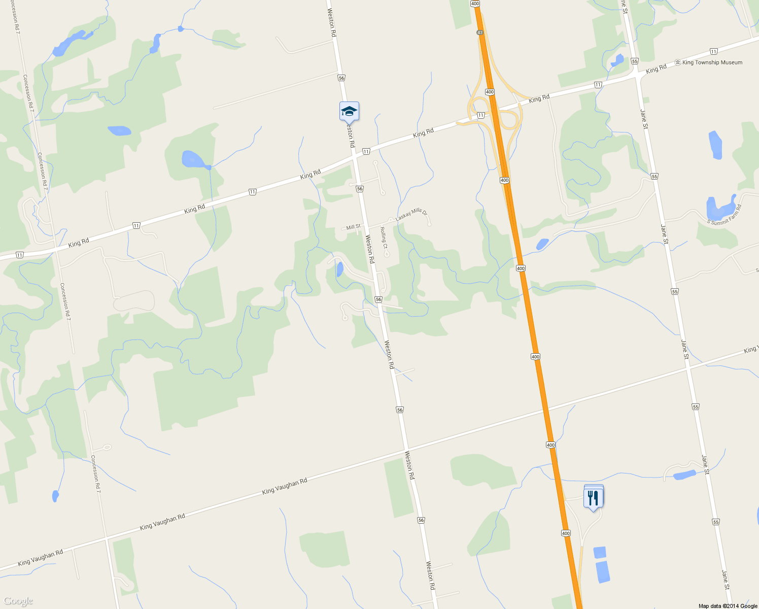 map of restaurants, bars, coffee shops, grocery stores, and more near Laskay Lane in King City