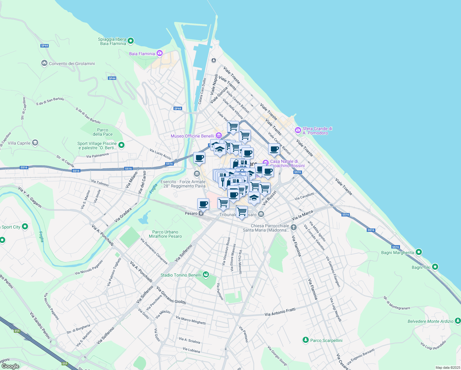 map of restaurants, bars, coffee shops, grocery stores, and more near 54 Via delle Galigarie in Pesaro