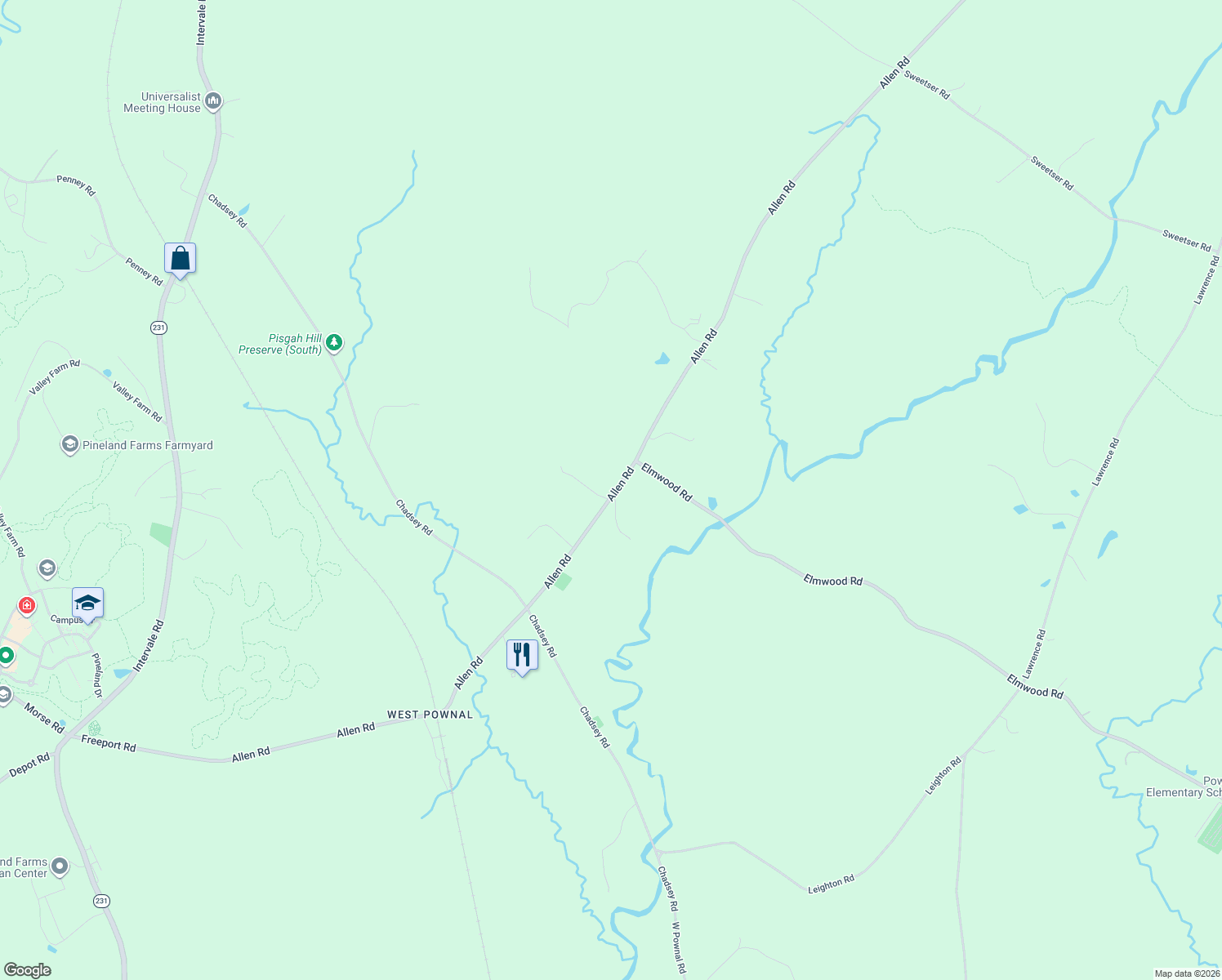 map of restaurants, bars, coffee shops, grocery stores, and more near 270 Allen Road in Pownal