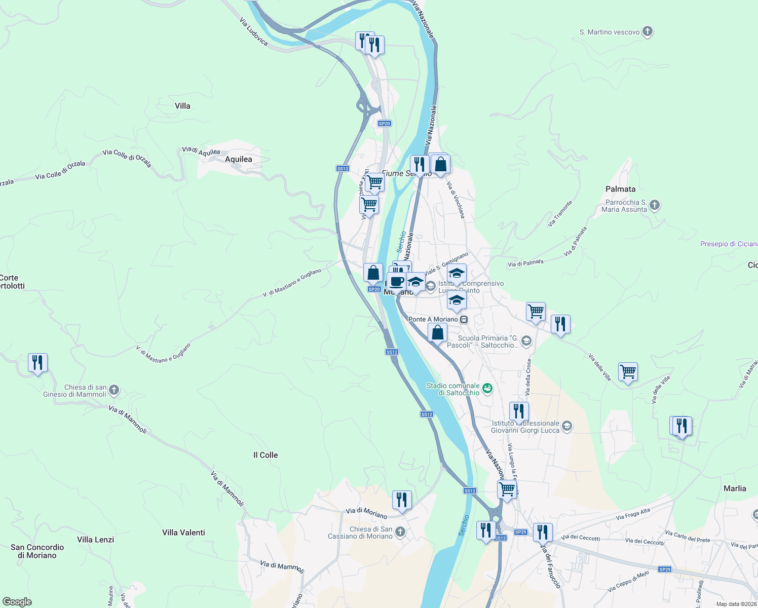 map of restaurants, bars, coffee shops, grocery stores, and more near Strada Provinciale 20 Lodovica in Lucca