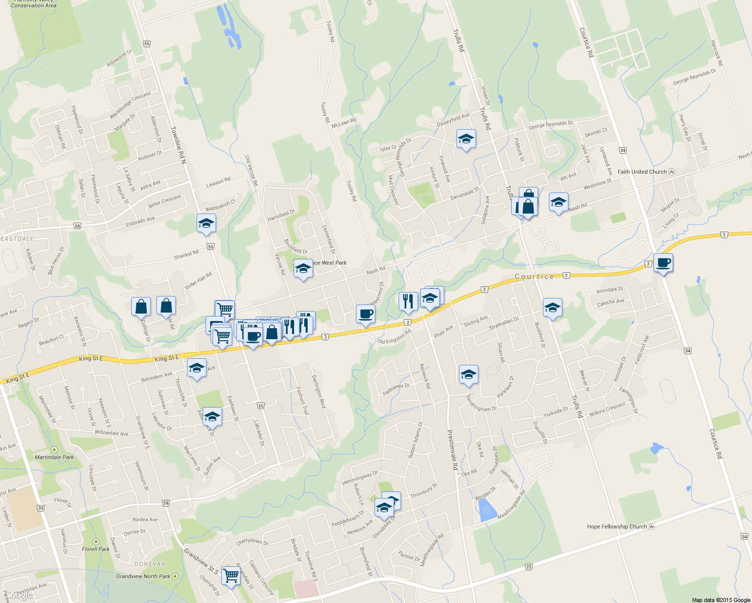 map of restaurants, bars, coffee shops, grocery stores, and more near 14 Valleycrest Drive in Courtice