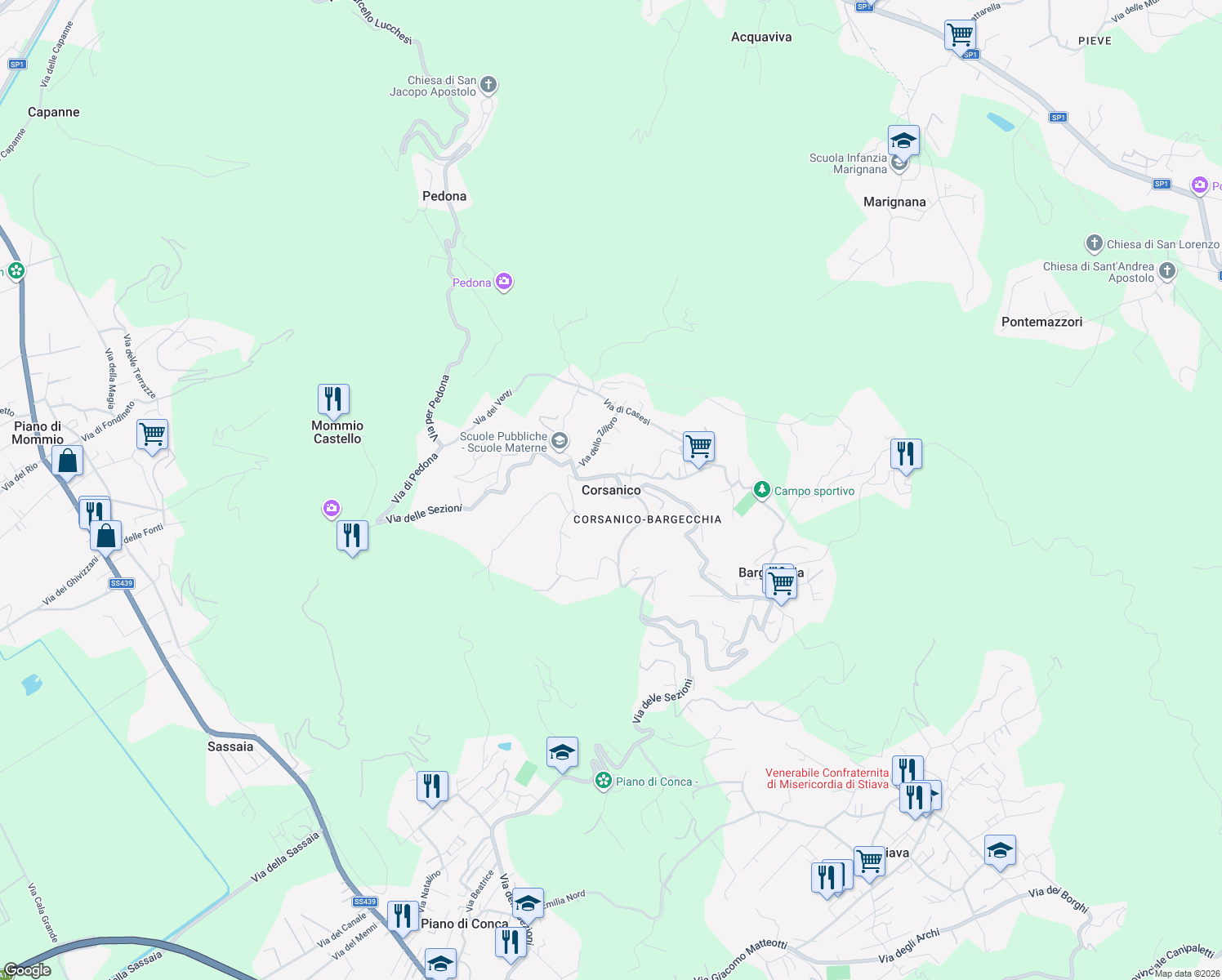 map of restaurants, bars, coffee shops, grocery stores, and more near 5216 Via delle Sezioni in Corsanico