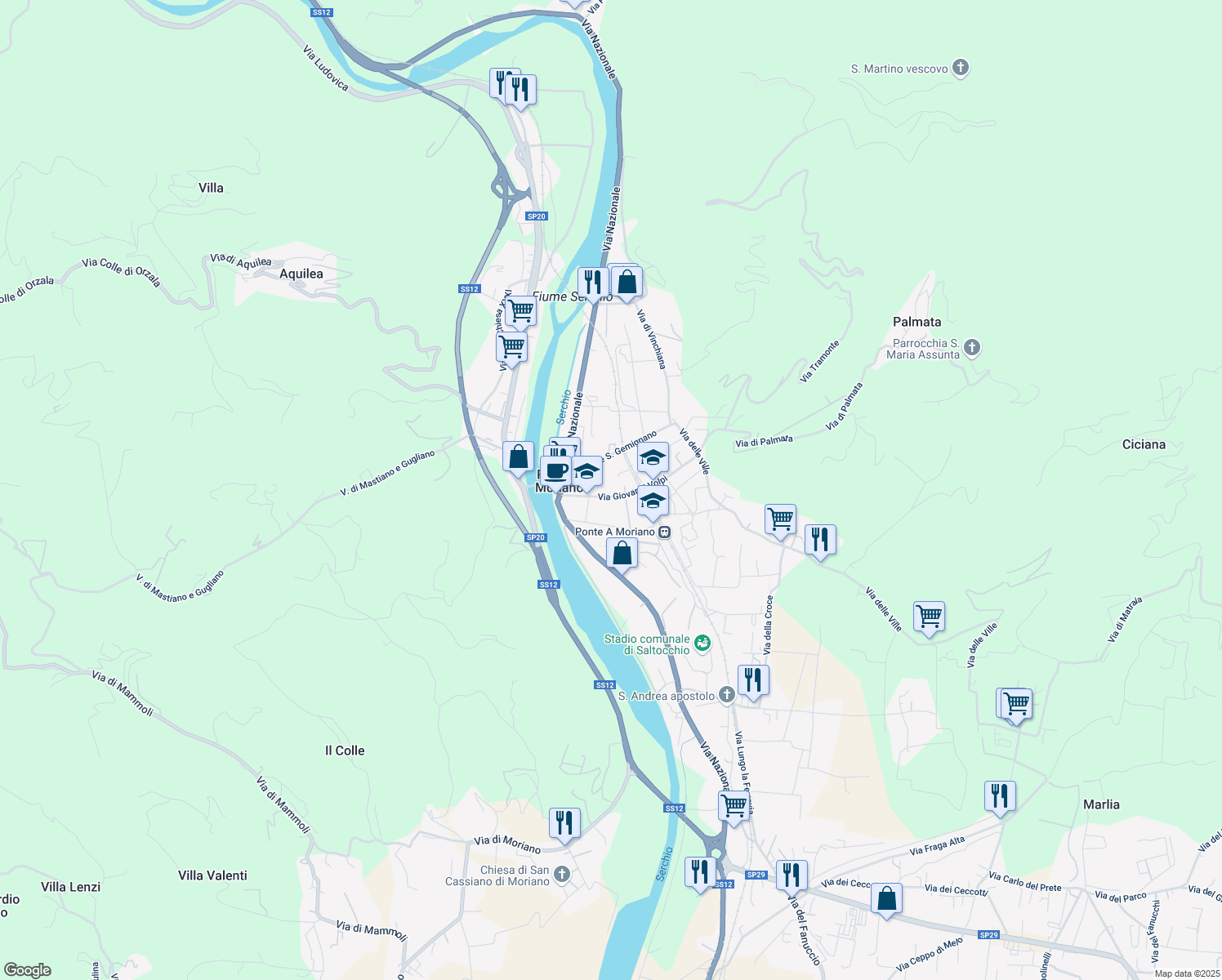 map of restaurants, bars, coffee shops, grocery stores, and more near 139-183 Via Giovanni Volpi in Lucca