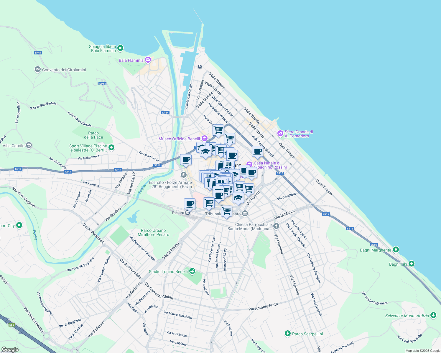 map of restaurants, bars, coffee shops, grocery stores, and more near 34-54 Via delle Galigarie in Pesaro