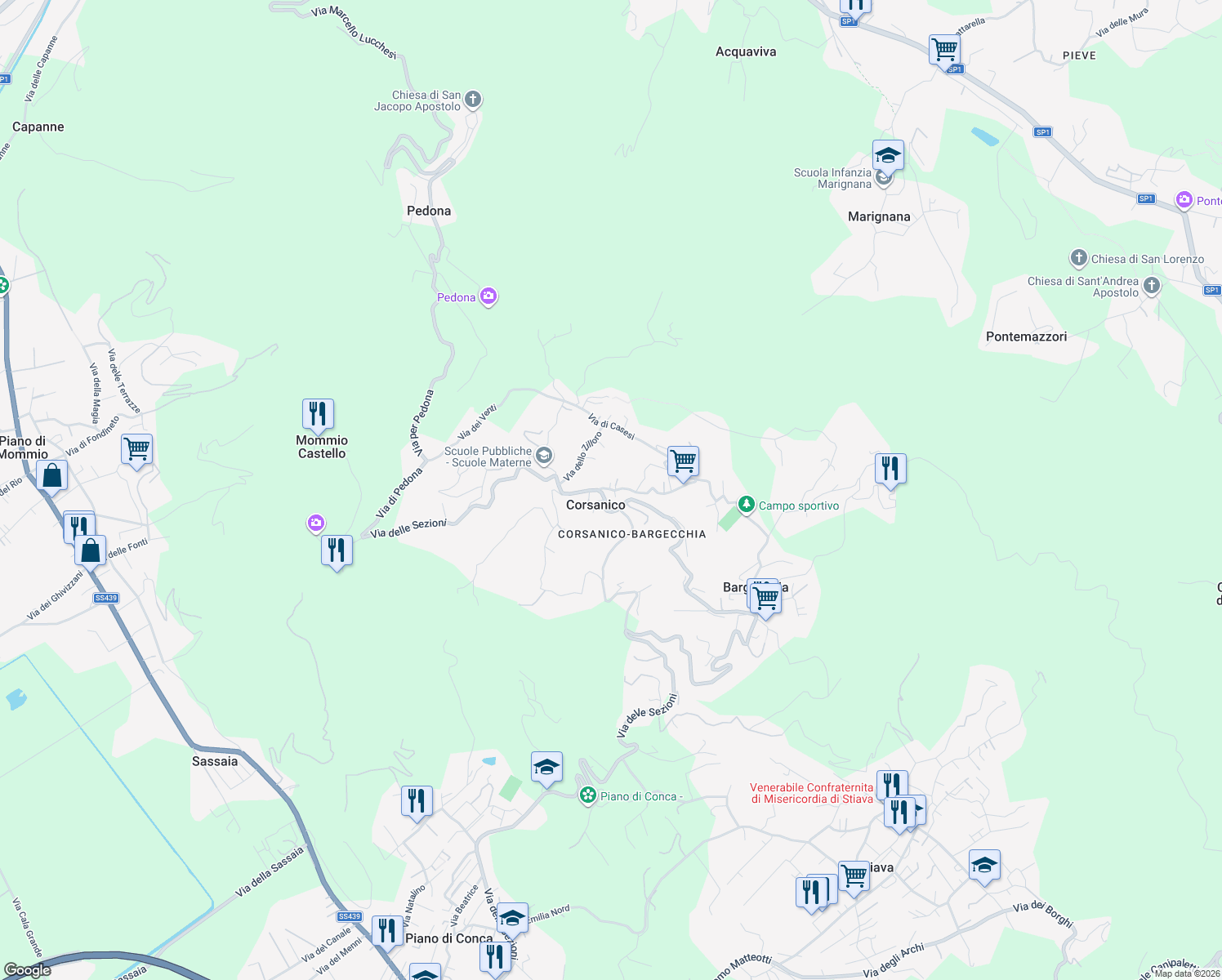 map of restaurants, bars, coffee shops, grocery stores, and more near 5216 Via delle Sezioni in Corsanico