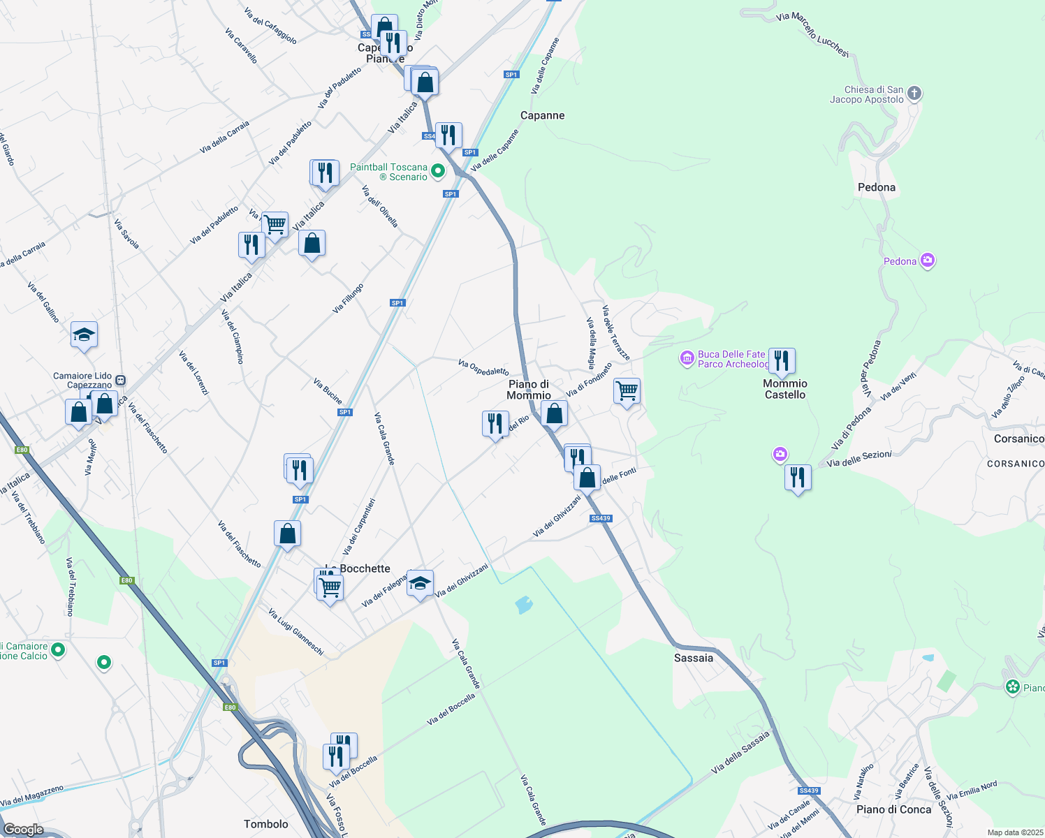 map of restaurants, bars, coffee shops, grocery stores, and more near 8001 Via Sarzanese in Piano di Mommio