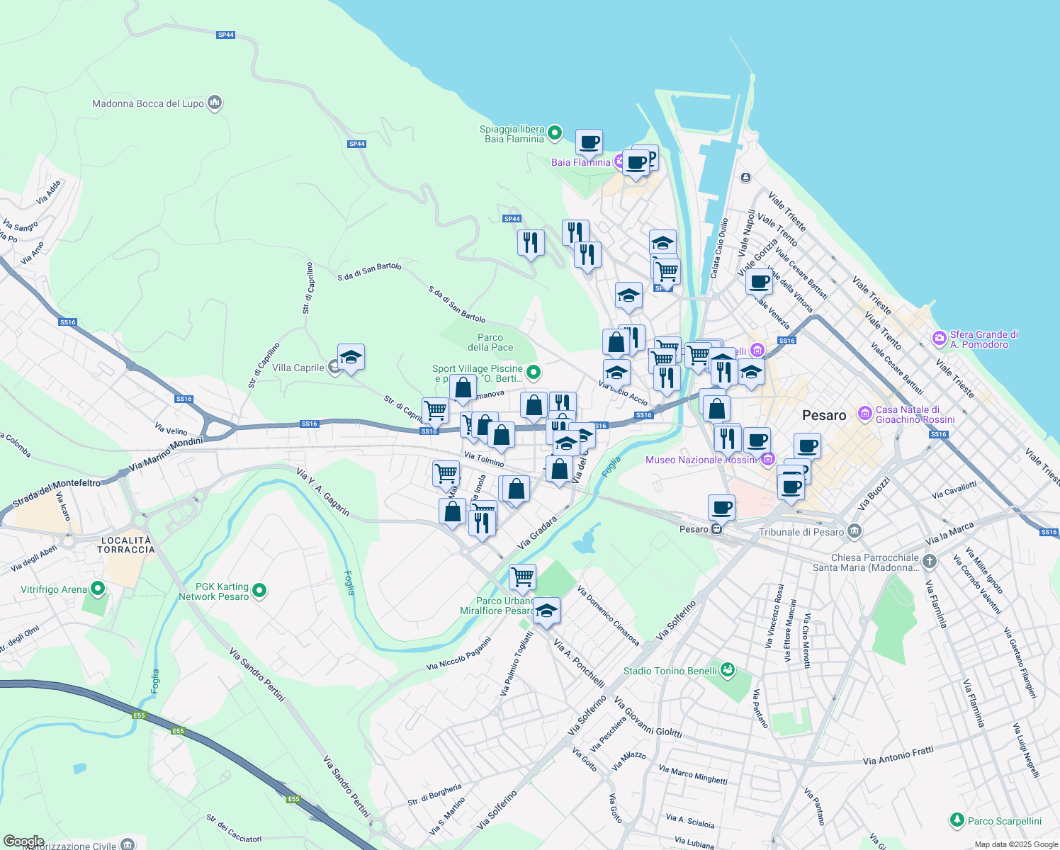 map of restaurants, bars, coffee shops, grocery stores, and more near 56 SS16 in Pesaro