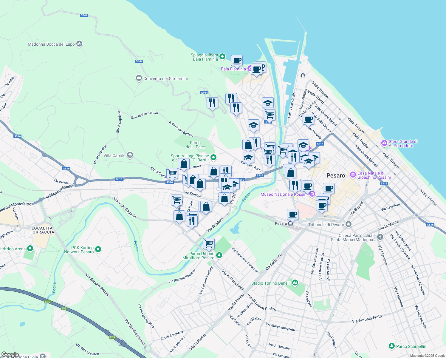 map of restaurants, bars, coffee shops, grocery stores, and more near 48 Strada Adriatica in Pesaro