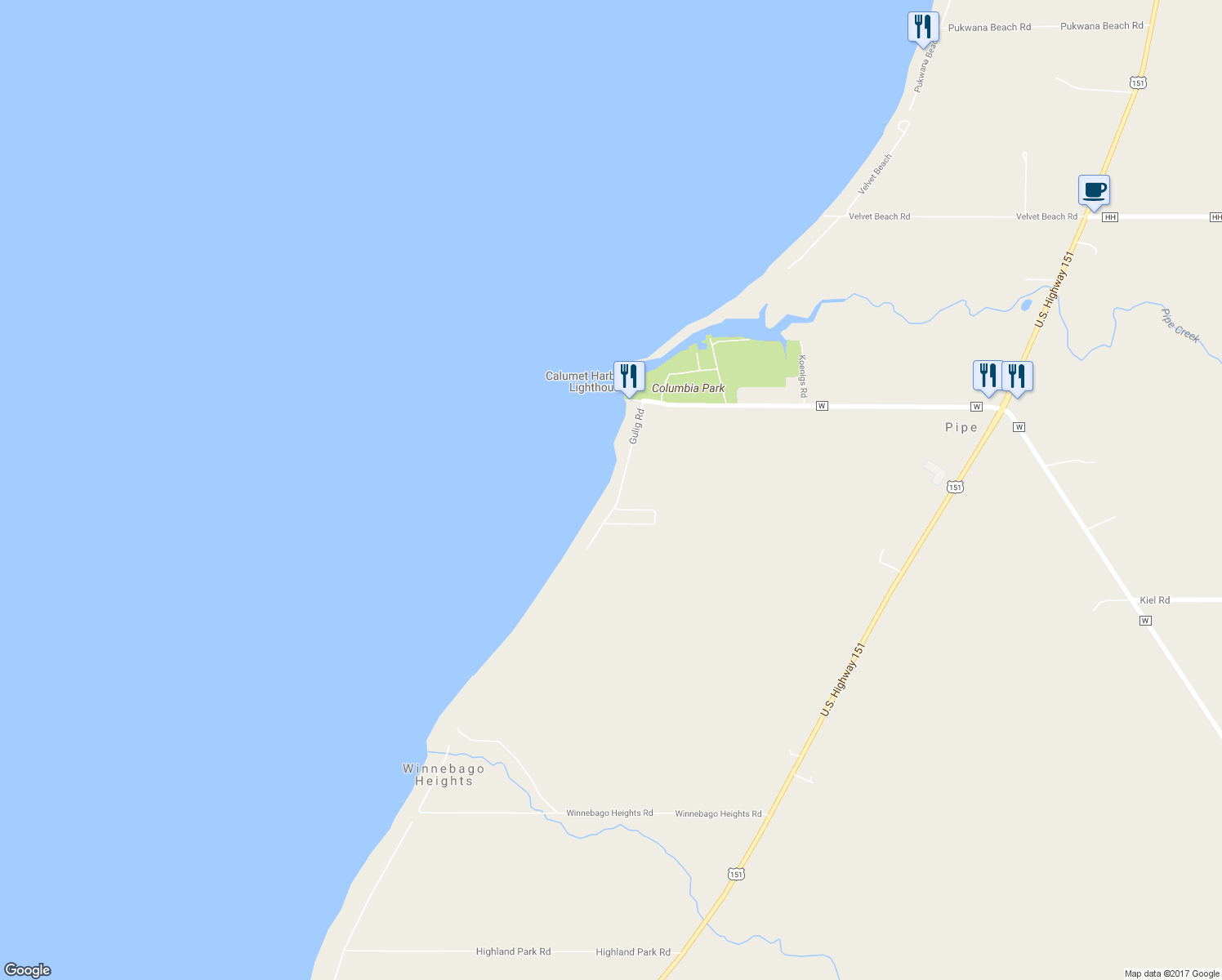 map of restaurants, bars, coffee shops, grocery stores, and more near N10208 Gulig Road in Malone