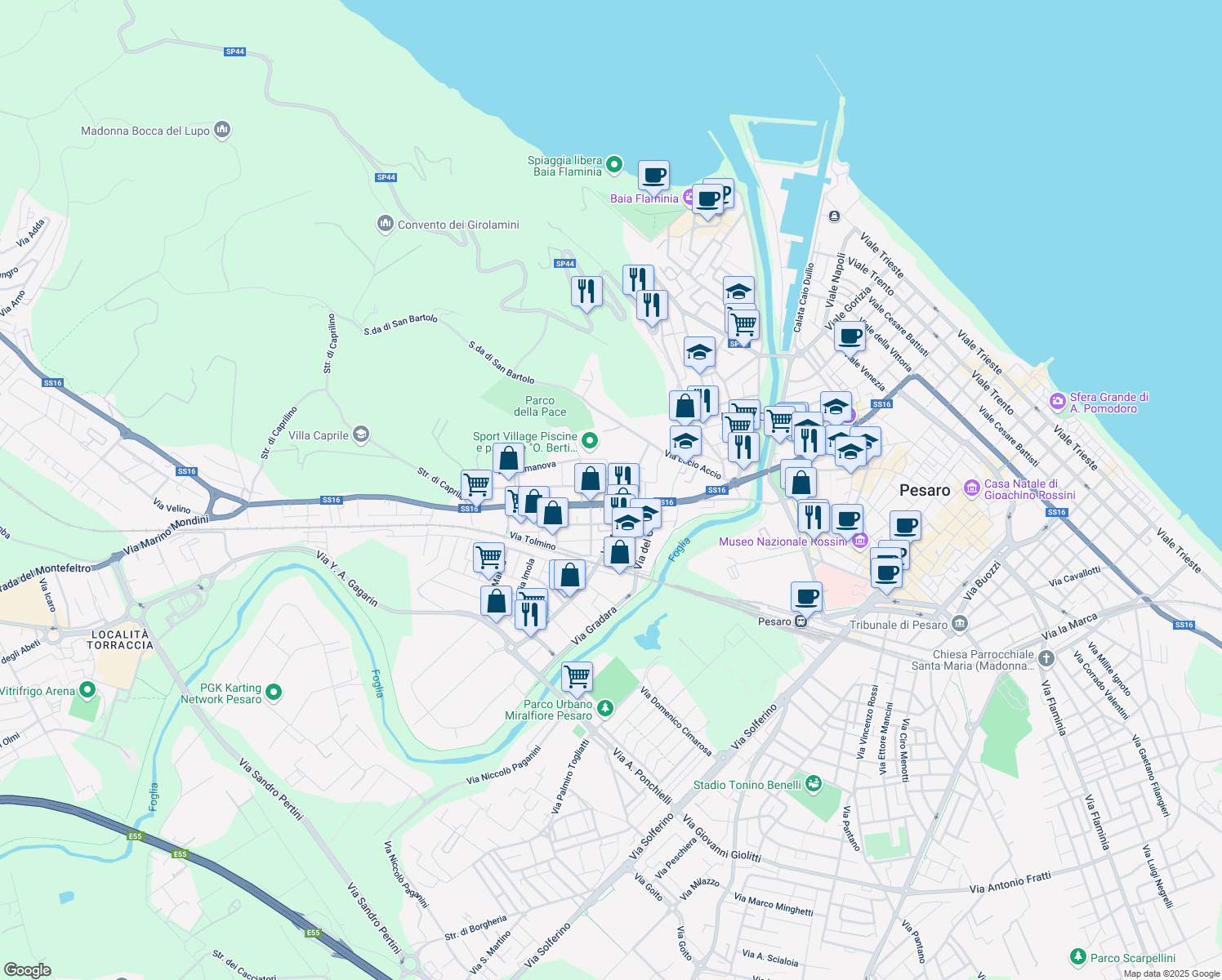 map of restaurants, bars, coffee shops, grocery stores, and more near 48 Strada Adriatica in Pesaro
