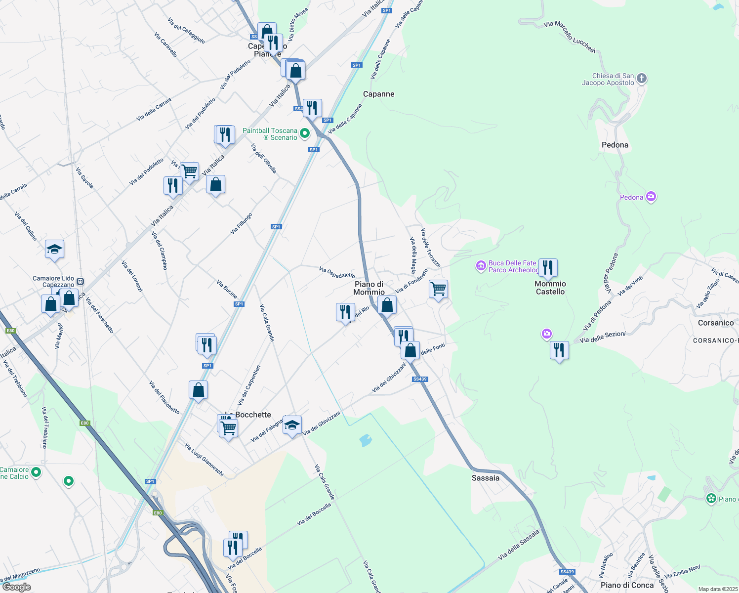 map of restaurants, bars, coffee shops, grocery stores, and more near 8001 Via Sarzanese in Piano di Mommio