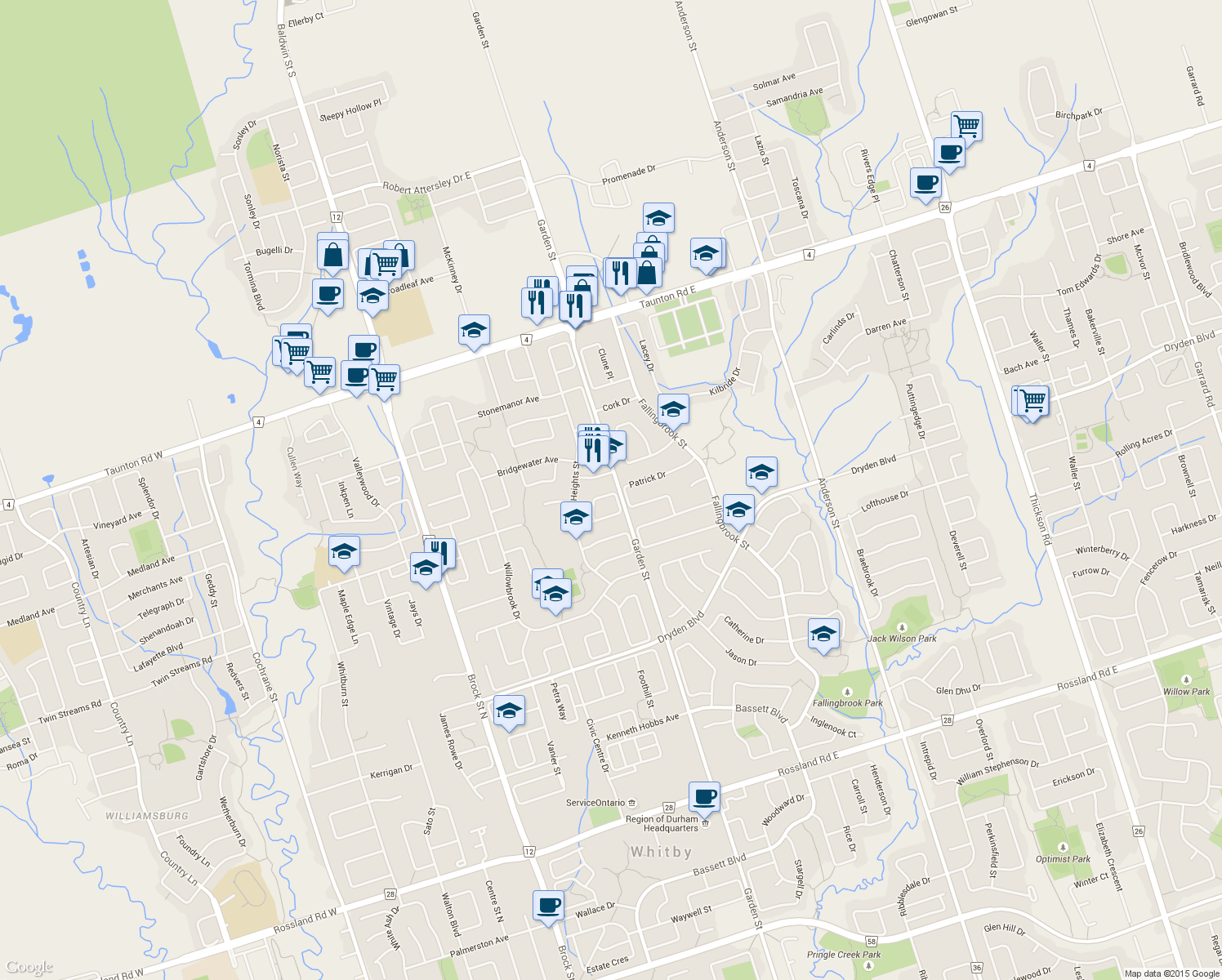 map of restaurants, bars, coffee shops, grocery stores, and more near 43 Greenbush Place in Whitby