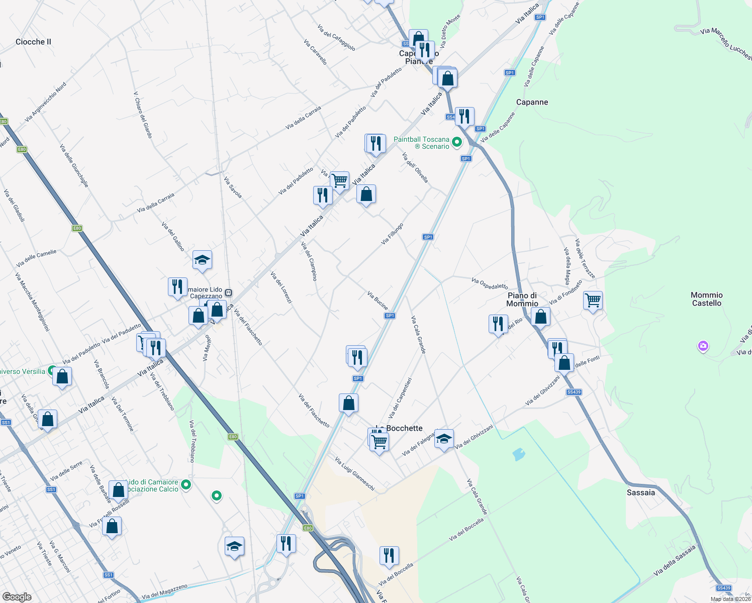 map of restaurants, bars, coffee shops, grocery stores, and more near 43 Via Bucine in Camaiore